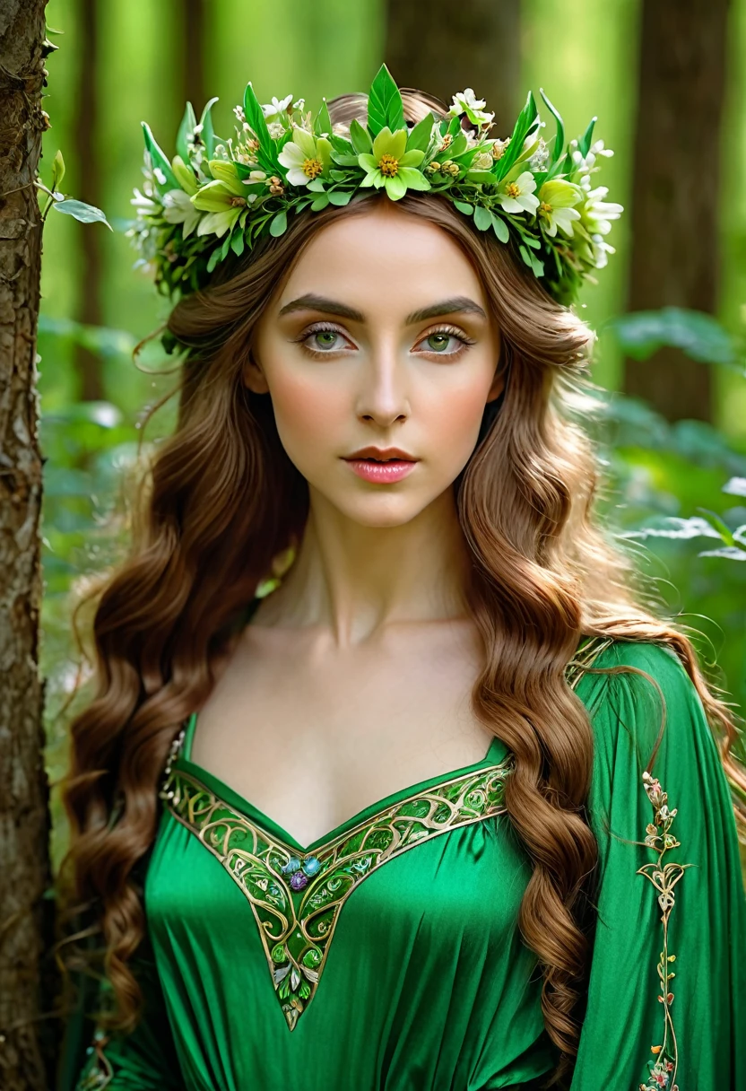 there is a woman dressed in a green dress with a crown of flowers on her head, beautiful young girl, fairy queen of the summer forest, beautiful young girl fantasy, beautiful elven princess, elven princess, beautiful fantasy portrait, pre-Raphaelite style, portrait of an elven queen, medieval princess, she has a crown of flowers, elven princess, pre-Raphaelite style