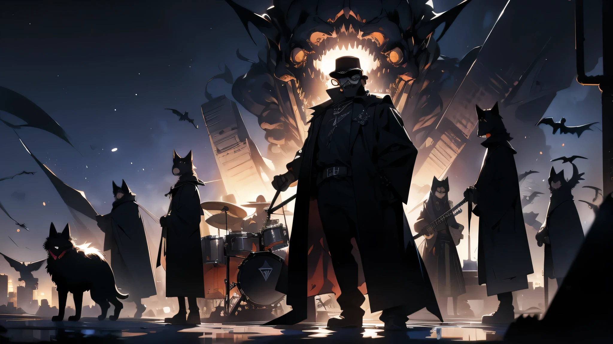 skeleton in sunglasses playing drums, ao fundo, A shadowy city with low lights and vampire dogs, a heavy metal band