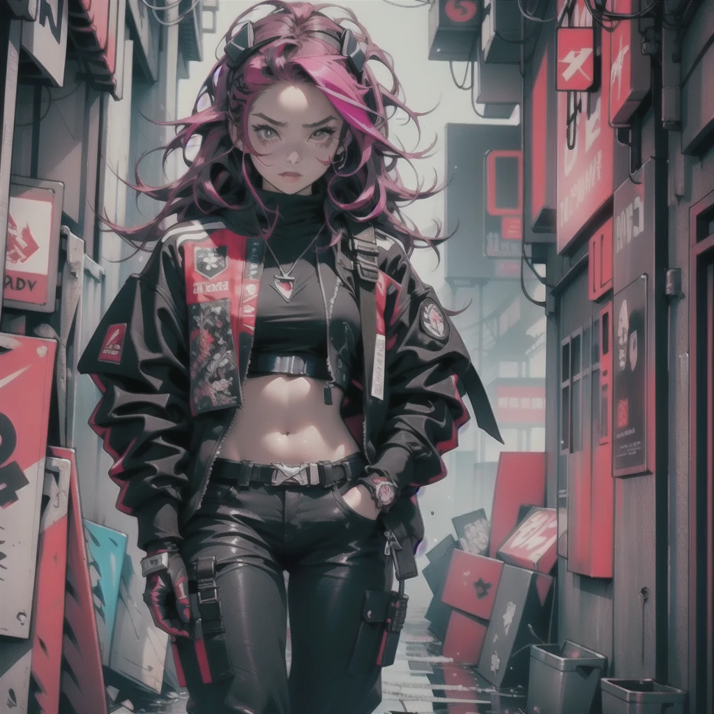a girl in cyberpunk outfit standing front of city, in the style of dark red and white, hyper-detailed, 8k uhd, gloves, red eyes, black gloves, long hair, pink hair, necklace, outdoors, black pants, headgear, long sleeves, stomach, pants, higher quality, enhaced edition, overwatch style, neon illuminated, streets arts, sharp edition, edgy aesthetic, focused image,