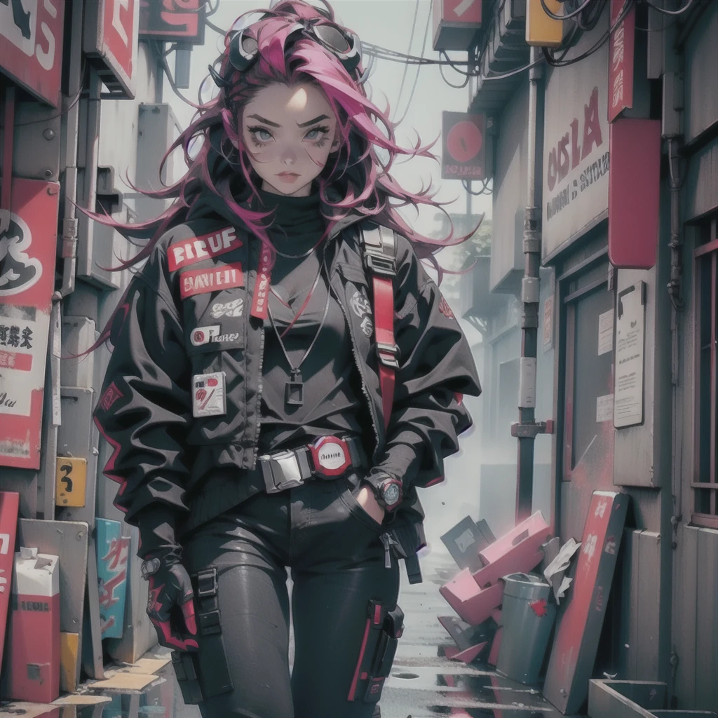 a girl in cyberpunk outfit standing front of city, in the style of dark red and white, hyper-detailed, 8k uhd, gloves, red eyes, black gloves, long hair, pink hair, necklace, outdoors, black pants, headgear, long sleeves, stomach, pants, higher quality, enhaced edition, overwatch style, neon illuminated, streets arts, sharp edition, edgy aesthetic, focused image,