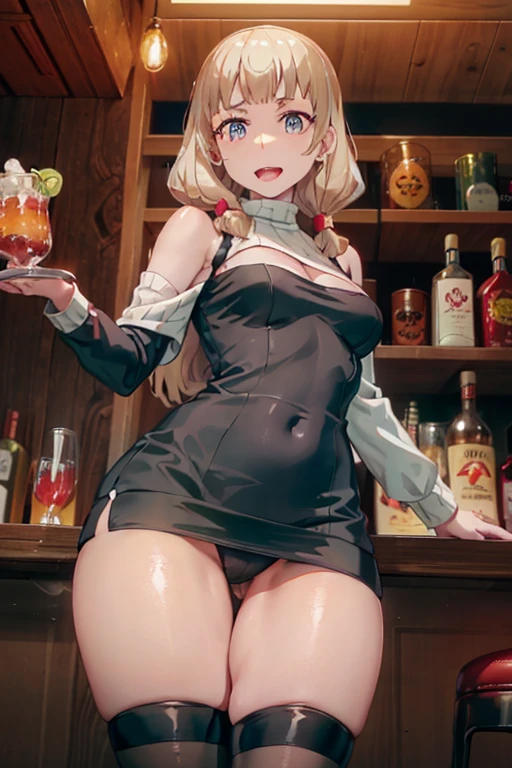 (from below:1.4),(from side:0.9), ((Face)), (Close-Up:0.4), masterpiece,"A 26-year-old girl stands at a bar counter. She is dressed in a stylish off-shoulder dress, sweater dress, off-shoulder sweater, red sweater,garter stocking, cleavage:1.1, midriff, black shorts, black thighhighs, thigh strap, pretty girl, (highly detailed beautiful face and eyes,firm breasts),real skin,((black,hair,long pony tail hair)),thin pubic hair,cute and lovely pose, detailed eyes, This masterpiece is only visually stunning but also tells,(double breasted:0.6,under bust:0.6),(with sparkling eyes and a contagious smile),open mouth. The bar is beautiful, with colorful bottles of alcohol in the background and a soft glow from neon lights. The atmosphere is relaxed, and the girl looks confident and fashionable.",full body, sexy pose,make a cocktail , in a bar counter, Looking at Viewer,
