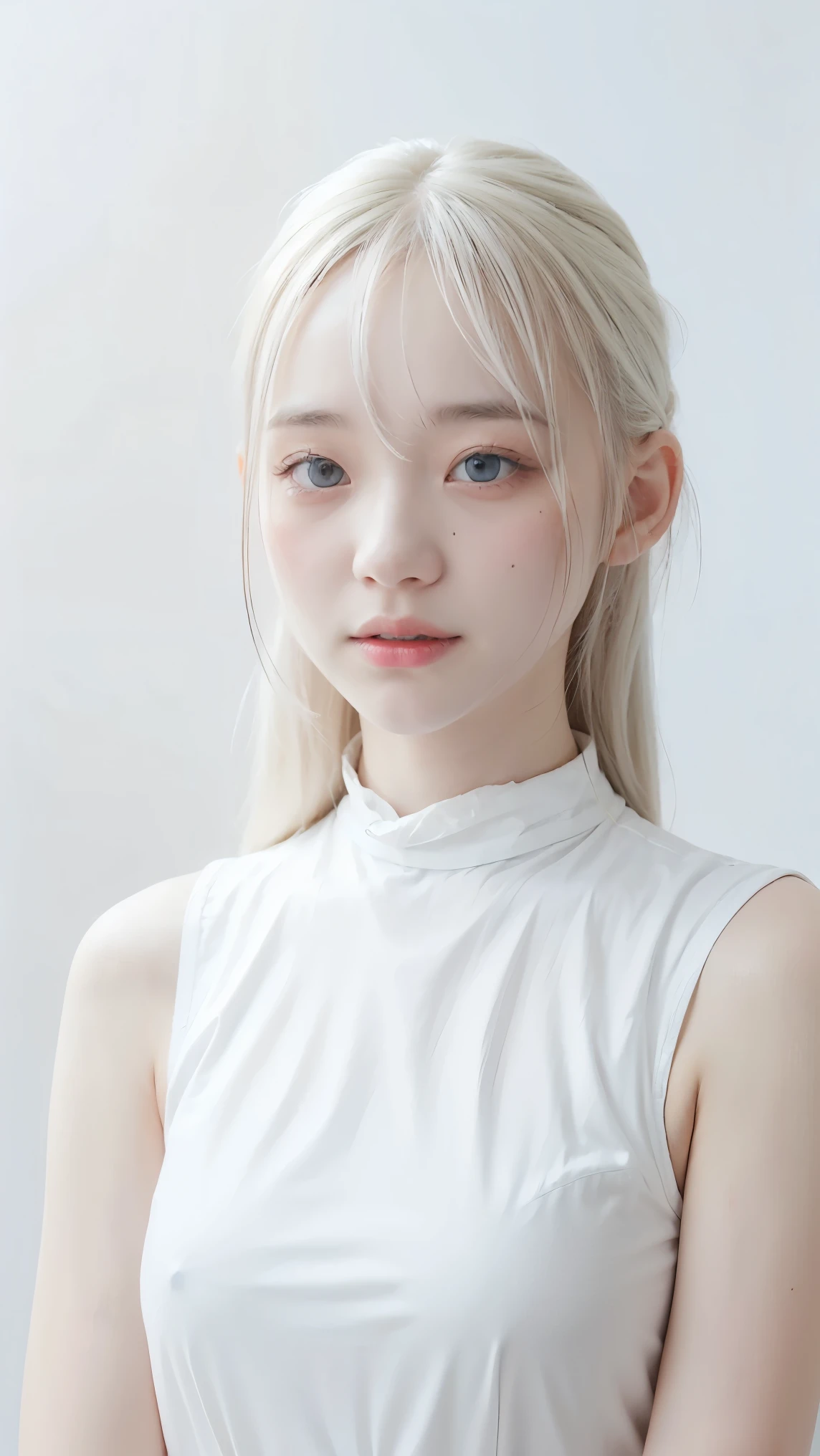 (((white background:1.3)))、highest quality, Masseter muscle part, High resolution, albino girl、(((1 girl))), ,(((The eyes are white:1.3)))、white dress、((white shirt:1.3、White Block Dress)), Tyndall effect, realistic, shadow studio,Ultramarine lighting, dual tone lighting, (high detail skin: 1.2)、dim lighting、dark lighting、 Digital single-lens reflex camera, photograph, High resolution, 4k, 8k, background blur,fade out beautifully、White world、white background