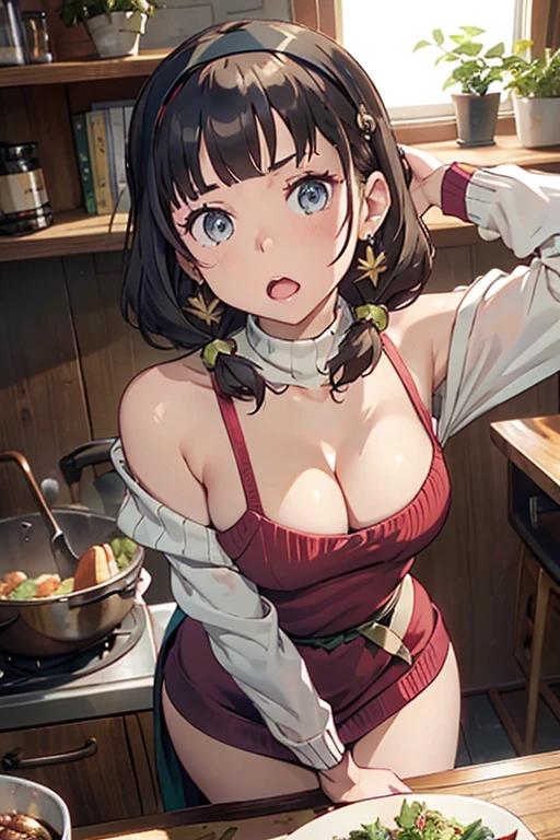 (from above:1.0),(from side:0.9),masterpiece, 1girl, Amazing Cleavage:1.1, thin waist, big ass, Raised sexy, small breast: 1.3, posed cleavage:1.2、solo, looking at viewer, open mouth, have a cute grass of cute beergrass,black hair, dark green eyes, dress, bare shoulders, jewelry, collarbone, sidelocks, hairband, earrings, indoors, off shoulder, :o, sweater, arms behind back, plant, short hair with long locks, gild hairband, off-shoulder dress, sweater dress, off-shoulder sweater, red sweater, dark gord hair, big side hair, very long side hair,is rendered in (masterpiece: 1.2, best quality), with (ultra high resolution) and an exquisite (depth of field). This masterpiece is not only visually stunning but also tells,A scene of cooking in the kitchen by classroom