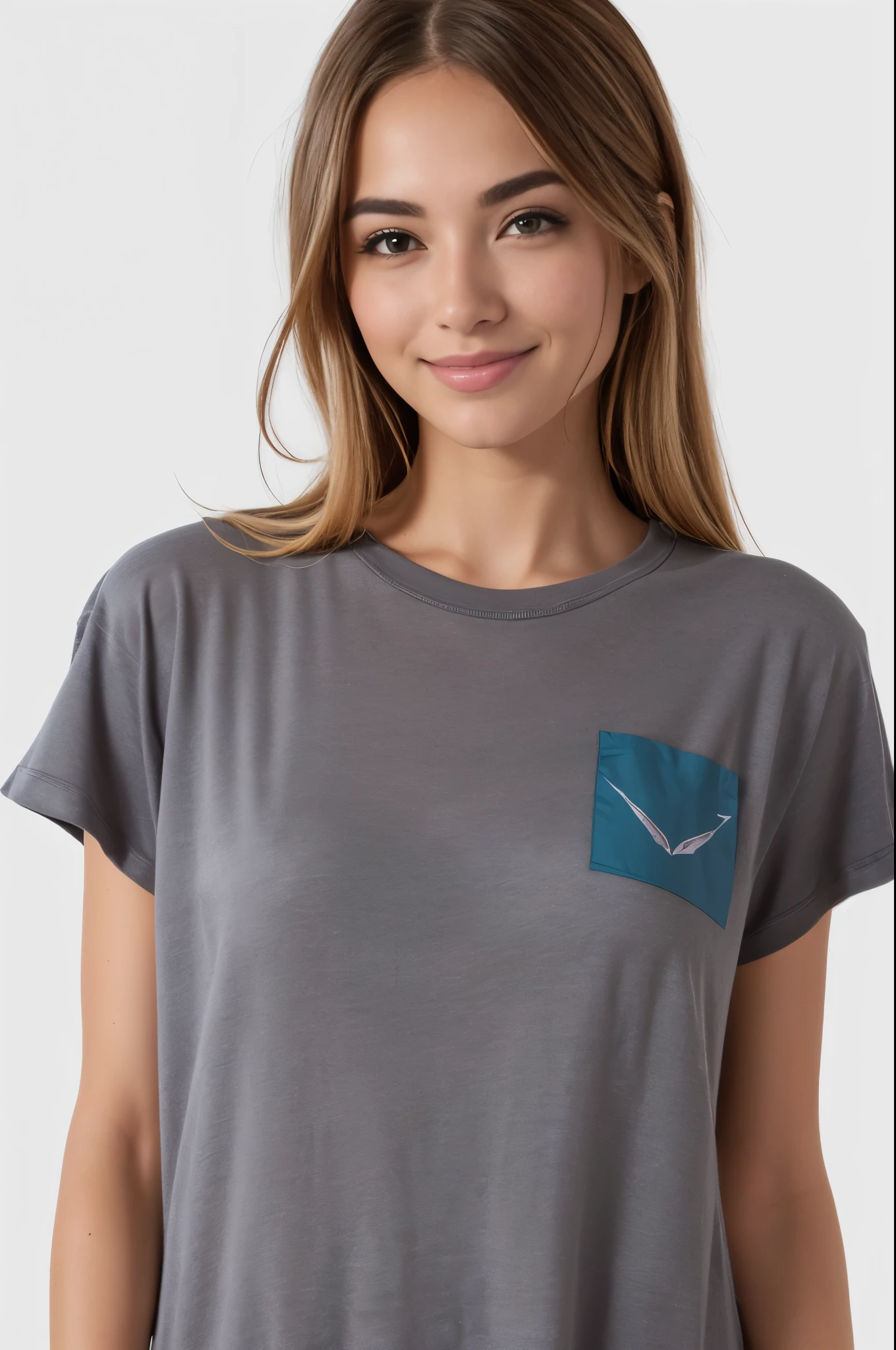 um close de uma mulher vestindo uma camisa cinza lisa e sorrindo, Manga curta, camisa cinza, cinza escuro, enlarged neck, close da parte superior do corpo, vestindo uma camiseta muscular, em fundo cinza, close da parte superior do corpo, high angle close-up, vestindo uma camiseta, vista frontal superior lateral, graphic t-shirts, manga larga cropped