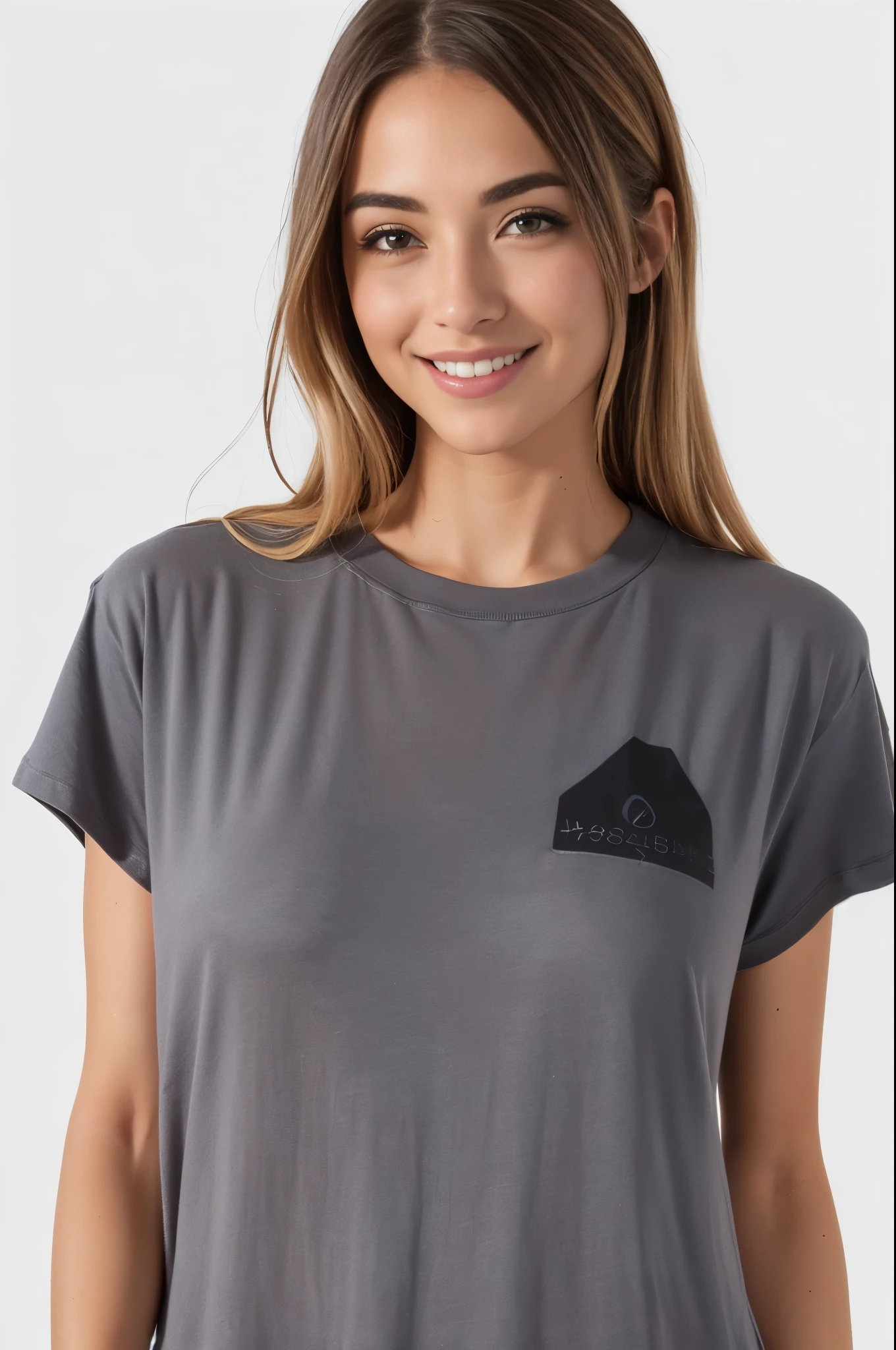 um close de uma mulher vestindo uma camisa cinza lisa e sorrindo, Manga curta, camisa cinza, cinza escuro, enlarged neck, close da parte superior do corpo, vestindo uma camiseta muscular, em fundo cinza, close da parte superior do corpo, high angle close-up, vestindo uma camiseta, vista frontal superior lateral, graphic t-shirts, manga larga cropped