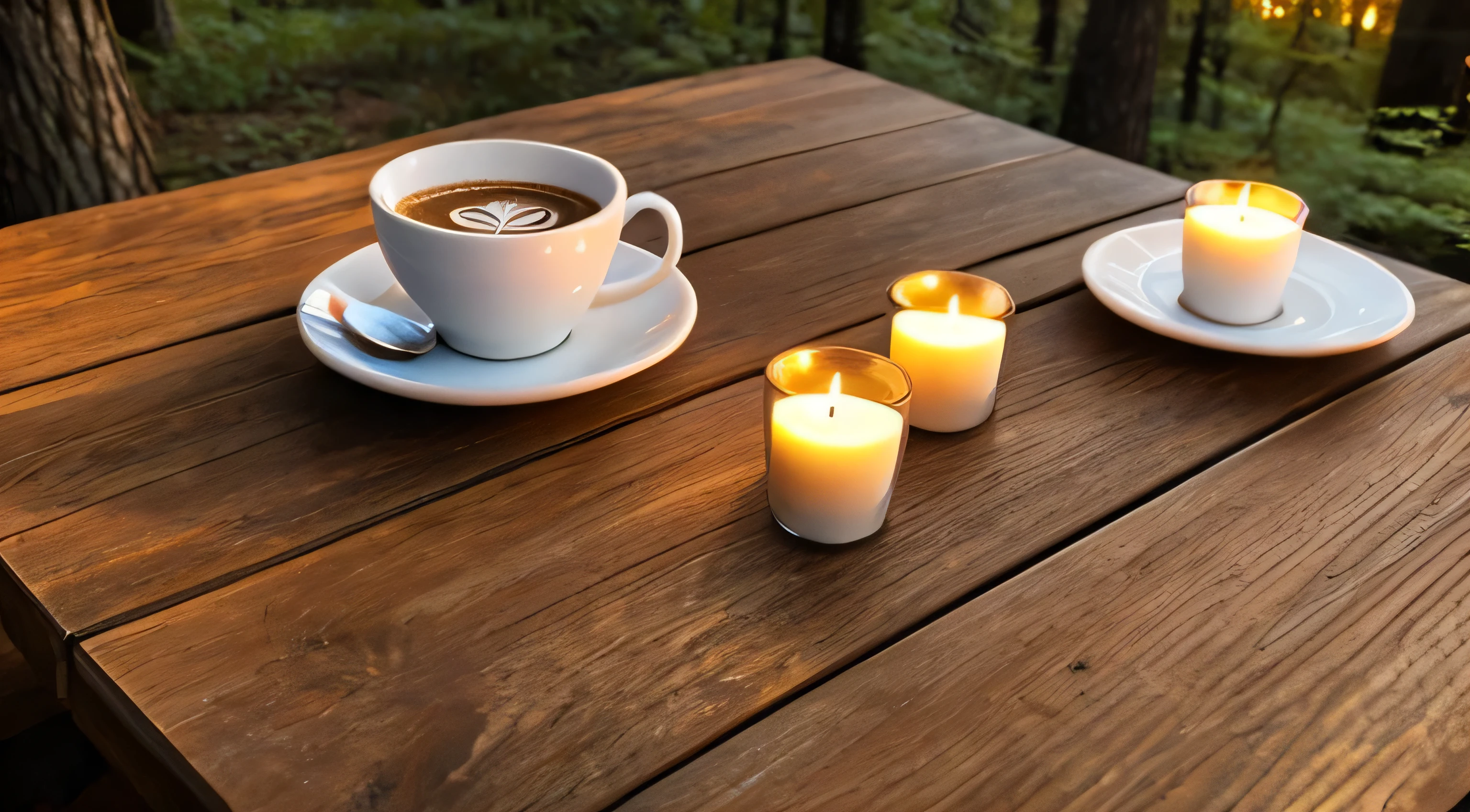 Coffee and candles on a table in the forest、The sunset is shining