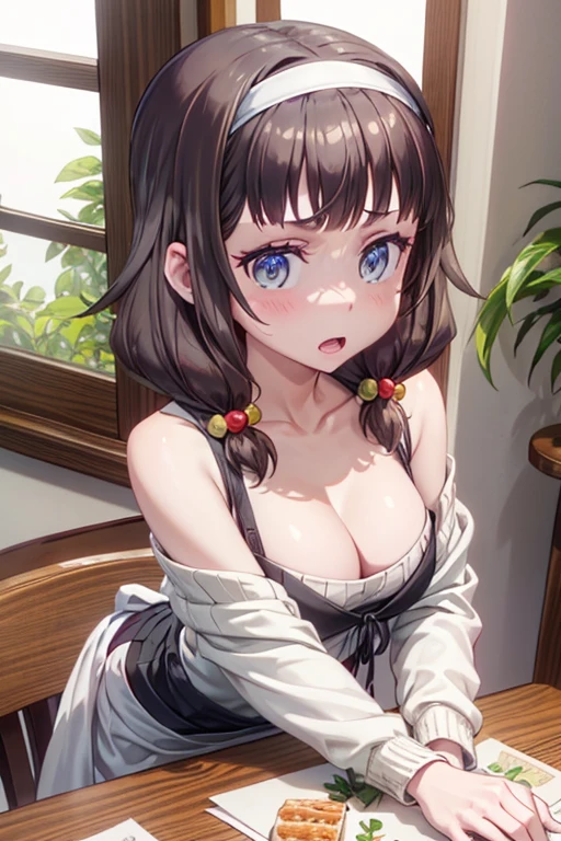 (from above:1.0),(from side:0.9),masterpiece, 1girl, Amazing Cleavage:1.1, thin waist, big ass, Raised sexy, small breast: 1.3, posed cleavage:1.2、solo, looking at viewer, open mouth, have a cute grass of cute beergrass,black hair, dark green eyes, dress, bare shoulders, jewelry, collarbone, sidelocks, hairband, earrings, indoors, off shoulder, :o, sweater, arms behind back, plant, short hair with long locks, gild hairband, off-shoulder dress, sweater dress, off-shoulder sweater, red sweater, dark gord hair, big side hair, very long side hair,is rendered in (masterpiece: 1.2, best quality), with (ultra high resolution) and an exquisite (depth of field). This masterpiece is not only visually stunning but also tells,A scene of cooking in the kitchen by classroom