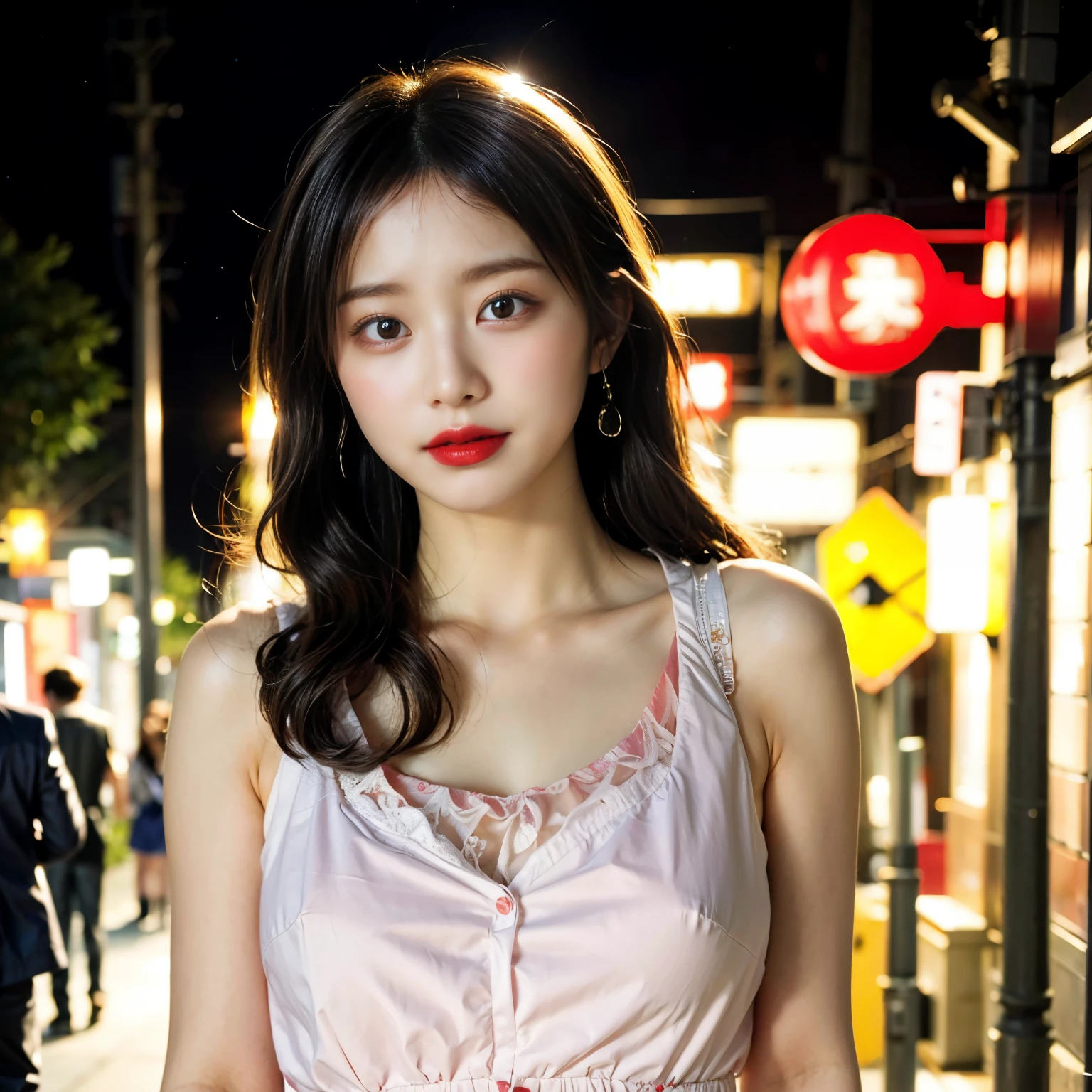 (8k, highest quality, masterpiece:1.2), (Realistic, photo-Realistic:1.37), Very detailed,highest quality, Ultra-high resolution, Professional Lighting, Photon Mapping, Radio City, Physically Based Rendering, Cinema Lighting, Late night roads,Written boundary depth, Sharp focus,Street lamp light、Good composition,(Bokeh:1.2) 1 girl,alone,(whole body), (Mouth closed),Beautiful Eyes,Beautiful thighs、 Temporarily stop, Tight waist,Japanese women, Black Hair,Messy Hair,Hair blowing in the wind,(Ulzzang-6500:1.2) Mixed age female、Deep red lipstick、Red、Pure white dress、smile、