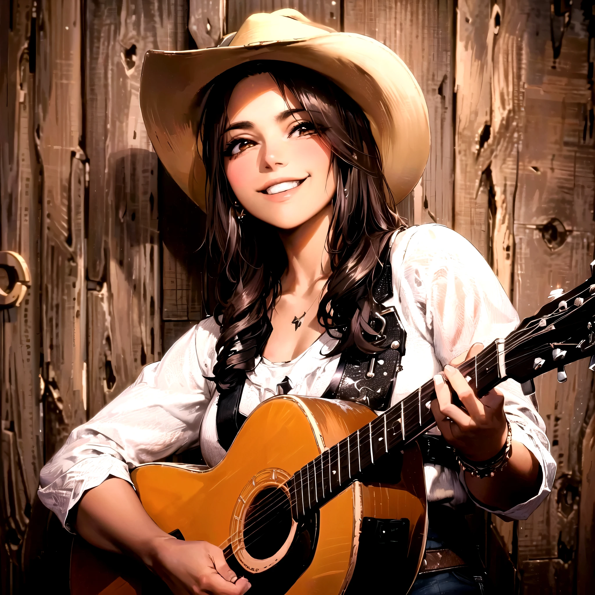 arafa woman in cowboy hat holding a guitar and smiling, western vaqueira, vaqueira, female vaqueira, Alanis Guillen, vaqueira, country style, country, foto promocional, 🤠 usando um 🖥, photo from a promotional shoot, foto promocional, Lorena Avarez, linda mulher mexicana, imagem promocional, jovem mulher do sul, imagem promocional, foto promocional