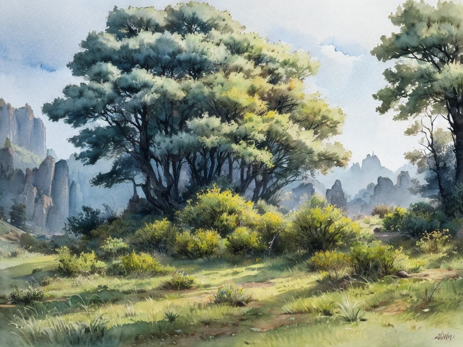 (Watercolor Landscape) :  Create a rugged landscape of valleys and mountains., Shrouded in thick fog, Less sunlight, Has twisted trees and thick trunks, The undergrowth resembles grass and grass, In a hyperrealistic landscape, In photorealistic colors, 4k, Cinema lighting, natural light, Attention to detail, photorealistic, photorealisticistic, volumetric lighting and shading, , 4K HD matte digital painting, Stunning 8K Images,HDR color,ultra-realistic high-definition and detailed watercolor paint,((watercolor style)),watercolor