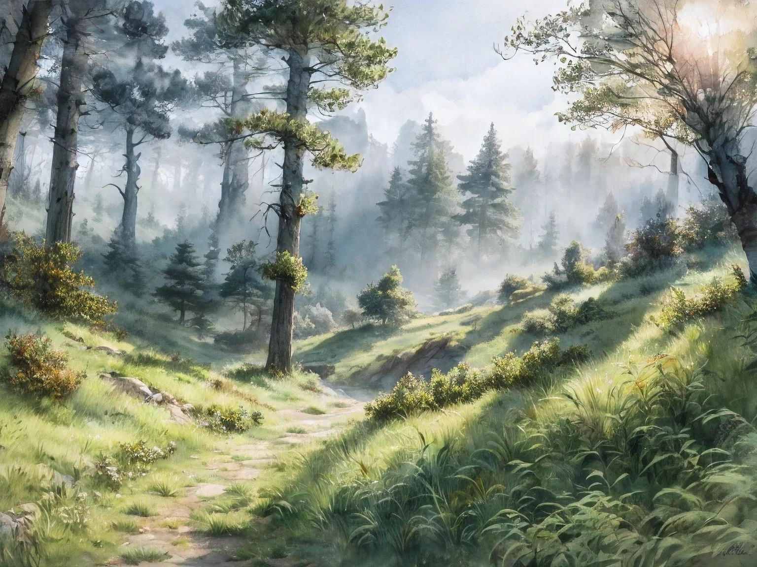 (Watercolor Landscape) :  Create a rugged landscape of valleys and mountains., Shrouded in thick fog, Less sunlight, Has twisted trees and thick trunks, The undergrowth resembles grass and grass, In a hyperrealistic landscape, In photorealistic colors, 4k, Cinema lighting, natural light, Attention to detail, photorealistic, photorealisticistic, volumetric lighting and shading, , 4K HD matte digital painting, Stunning 8K Images,HDR color,ultra-realistic high-definition and detailed watercolor paint,((watercolor style)),watercolor