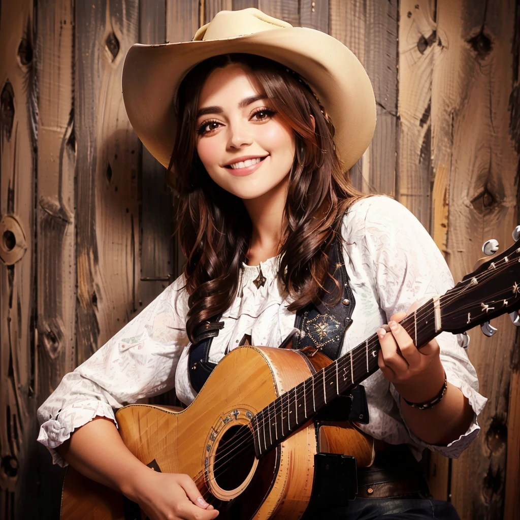 arafa woman in cowboy hat holding a guitar and smiling, western vaqueira, vaqueira, female vaqueira, Alanis Guillen, vaqueira, country style, country, foto promocional, 🤠 usando um 🖥, photo from a promotional shoot, foto promocional, Lorena Avarez, linda mulher mexicana, imagem promocional, jovem mulher do sul, imagem promocional, foto promocional