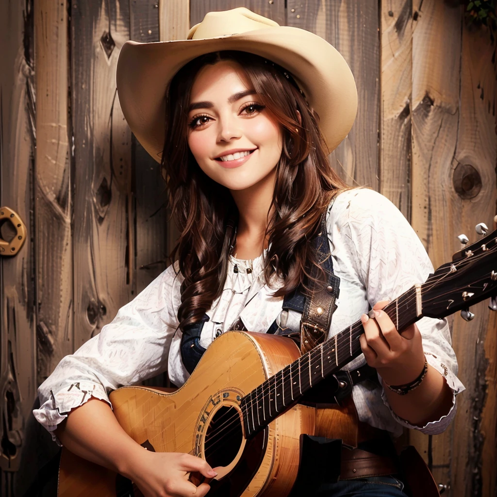 arafa woman in cowboy hat holding a guitar and smiling, western vaqueira, vaqueira, female vaqueira, Alanis Guillen, vaqueira, country style, country, foto promocional, 🤠 usando um 🖥, photo from a promotional shoot, foto promocional, Lorena Avarez, linda mulher mexicana, imagem promocional, jovem mulher do sul, imagem promocional, foto promocional