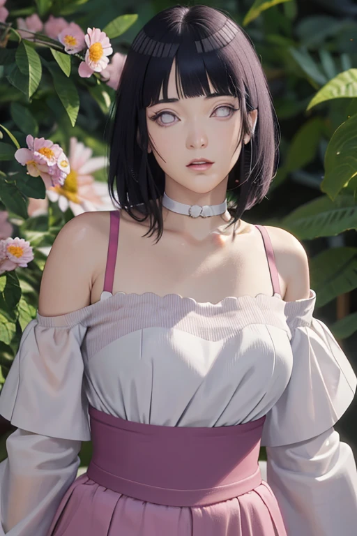 masterpiece, absurdres, hinata\(boruto\), 1girl, solo,mature female, off-shoulder strap bra, high waist short skirt, looking at viewer, (falling petals), perfect composition, detailed lips, big breast, beautiful face, body propotion, blush, (pink lips), long hair,  purple eyes,  soft gaze,  super realistic, detailed, photoshoot, realistic face and body,