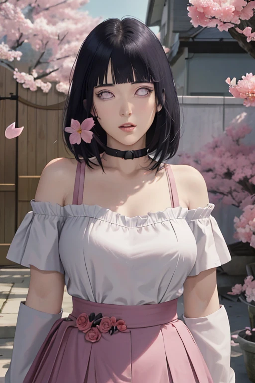 masterpiece, absurdres, hinata\(boruto\), 1girl, solo,mature female, off-shoulder strap bra, high waist short skirt, looking at viewer, (falling petals), perfect composition, detailed lips, big breast, beautiful face, body propotion, blush, (pink lips), long hair, purple eyes, soft gaze, super realistic, detailed, photoshoot, realistic face and body,