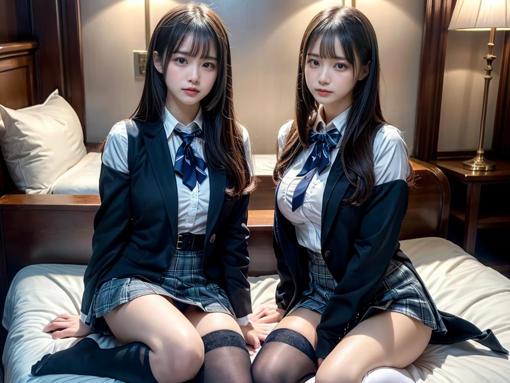 (8K, Raw photography, top-quality, masterpiece:1.2), master piece, best quality, illustration, Super detailed, fine details, High resolution, 8K,wall paper, perfect dynamic composition,(Details High quality, realistic depiction of eyes:1.3), ((2 girls, 2 schoolgirls)), The background is a luxury hotel room、High school girl uniform、blazer 、Super Short Check Uniform Skirt、Navy blue high socks、garterbelts、Colossal tits、Disturbed uniform, Play with each other,Touching each other's bodies,Touching the body of the girl next door, short bob hair, black hair color, huge breasts, Big Natural Color Lip, bold sexy pose, (perfect body shape), crying a little、cold gaze, Beautiful makeup,glitter makeup,Cutest 18 years old, beautiful legs, hposing Gravure Idol, Voluptuous thighs