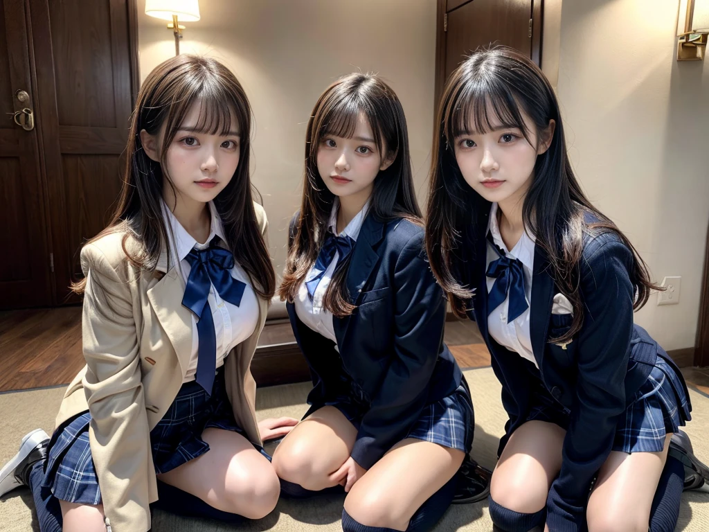 (8K, Raw photography, top-quality, ​masterpiece:1.2), master piece, best quality, illustration, Super detailed, fine details, High resolution, 8K,wall paper, perfect dynamic composition,(Details High quality, realistic depiction of eyes:1.3), ((2 girls, 2 schoolgirls)), The background is a luxury hotel room、High school girl uniform、blazer 、Super Short Check Uniform Skirt、Navy blue high socks、garterbelts、Colossal tits、Disturbed uniform, Play with each other,Touching each other's bodies,Touching the body of the girl next door, short bob hair, black hair color, huge breasts, Big Natural Color Lip, bold sexy pose, (perfect body shape), crying a little、cold gaze,  Beautiful makeup,glitter makeup,Cutest 18 years old, beautiful legs, hposing Gravure Idol, Voluptuous thighs