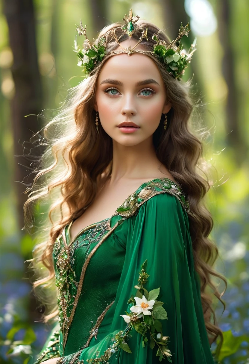 there is a woman dressed in a green dress with a crown of flowers on her head, beautiful young girl, fairy queen of the summer forest, beautiful young girl fantasy, beautiful elven princess, elven princess, beautiful fantasy portrait, pre-Raphaelite style, portrait of an elven queen, medieval princess, she has a crown of flowers, elven princess, pre-Raphaelite style