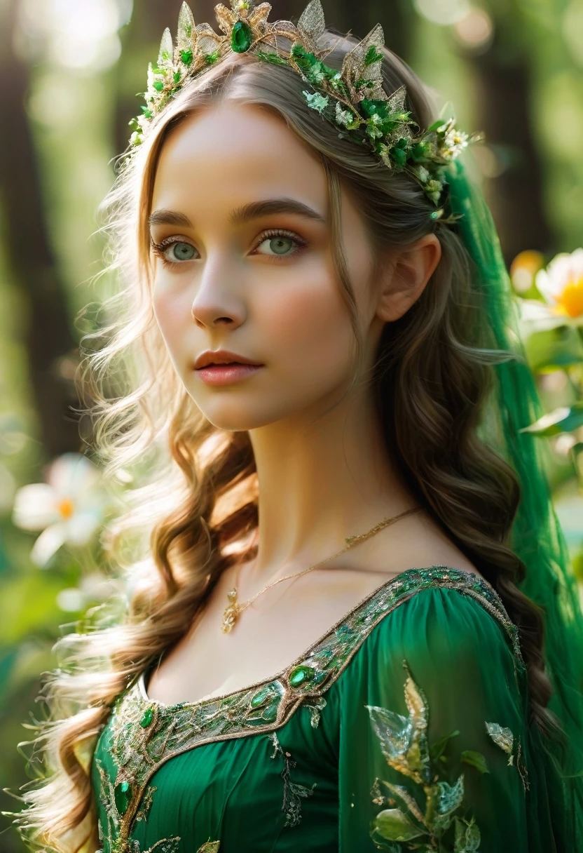 there is a woman dressed in a green dress with a crown of flowers on her head, beautiful young girl, fairy queen of the summer forest, beautiful young girl fantasy, beautiful elven princess, elven princess, beautiful fantasy portrait, pre-Raphaelite style, portrait of an elven queen, medieval princess, she has a crown of flowers, elven princess, pre-Raphaelite style