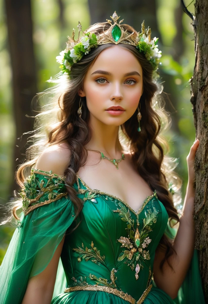 there is a woman dressed in a green dress with a crown of flowers on her head, beautiful young girl, fairy queen of the summer forest, beautiful young girl fantasy, beautiful elven princess, elven princess, beautiful fantasy portrait, pre-Raphaelite style, portrait of an elven queen, medieval princess, she has a crown of flowers, elven princess, pre-Raphaelite style