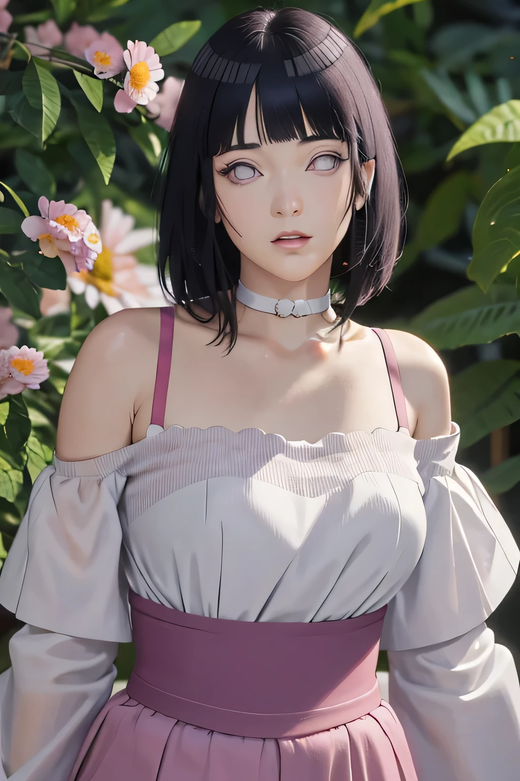 masterpiece, absurdres, hinata\(boruto\), 1girl, solo,mature female, off-shoulder strap bra, high waist short skirt, looking at viewer, (falling petals), perfect composition, detailed lips, big breast, beautiful face, body propotion, blush, (pink lips), long hair,  purple eyes,  soft gaze,  super realistic, detailed, photoshoot, realistic face and body,