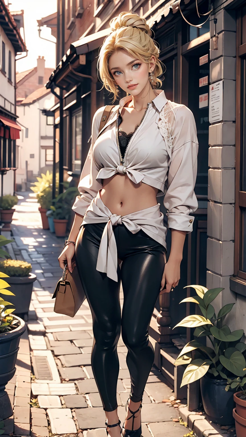 A 22-year-old extremely beautiful white woman、Supermodel proportions、Hair color blonde、blue eyeedium Hair、Straight Hair、Hair pulled up and tied back((hair pulled back))、Wear a high-neck zipper-up top decorated with lace、Lower milk visible、Navel visible、Large chest、Narrow waist、Wear leggings、Wear high heels、In a cobblestone alley of the old town、smile
