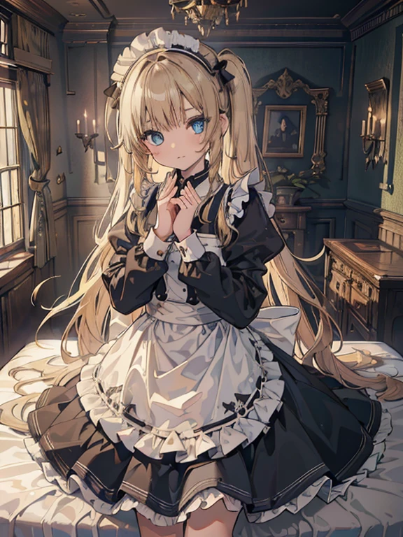 (8k, highest quality, Tabletop:1.2)、Ultra-high resolution, One ****************, Perfect Fingers, Detailed face, blue eyes, Blonde, Straight Hair, Long Hair, Black maid outfit,  Inside the castle, Bedroom、Making the bed