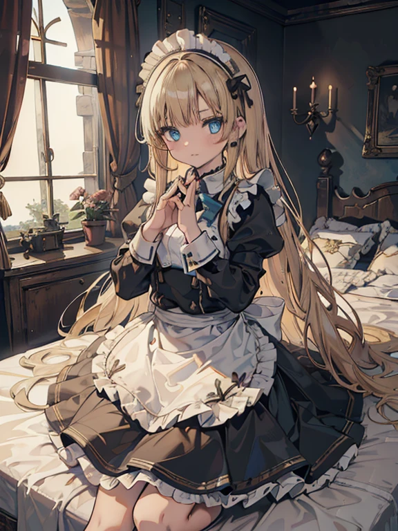 (8k, highest quality, Tabletop:1.2)、Ultra-high resolution, One ****************, Perfect Fingers, Detailed face, blue eyes, Blonde, Straight Hair, Long Hair, Black maid outfit,  Inside the castle, Bedroom、Making the bed