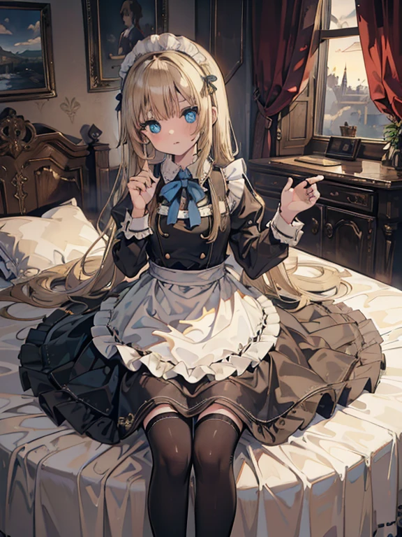 (8k, highest quality, Tabletop:1.2)、Ultra-high resolution, One 14-year-old girl, Perfect Fingers, Detailed face, blue eyes, Blonde, Straight Hair, Long Hair, Black maid outfit, Inside the castle, Bedroom、Making the bed