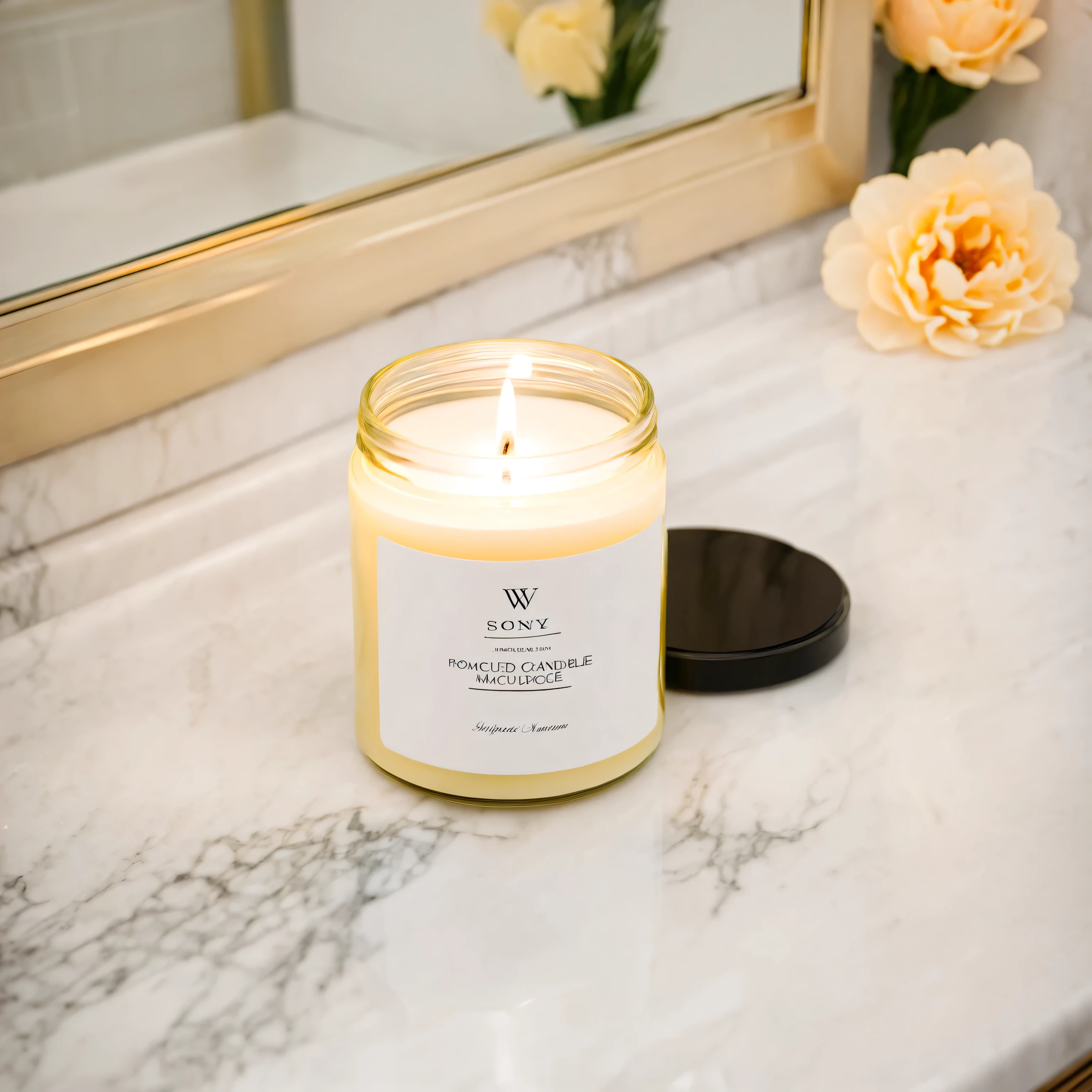 Mockup empty, a blank small candle in a jar with white label and black lid, on a cream marble countertop, in the luxurious bathroom, flower petals lying around, mirror in background, high end and classy style, shot on 50mm lens, sony a7s camera, shallow depth of field, professional photography