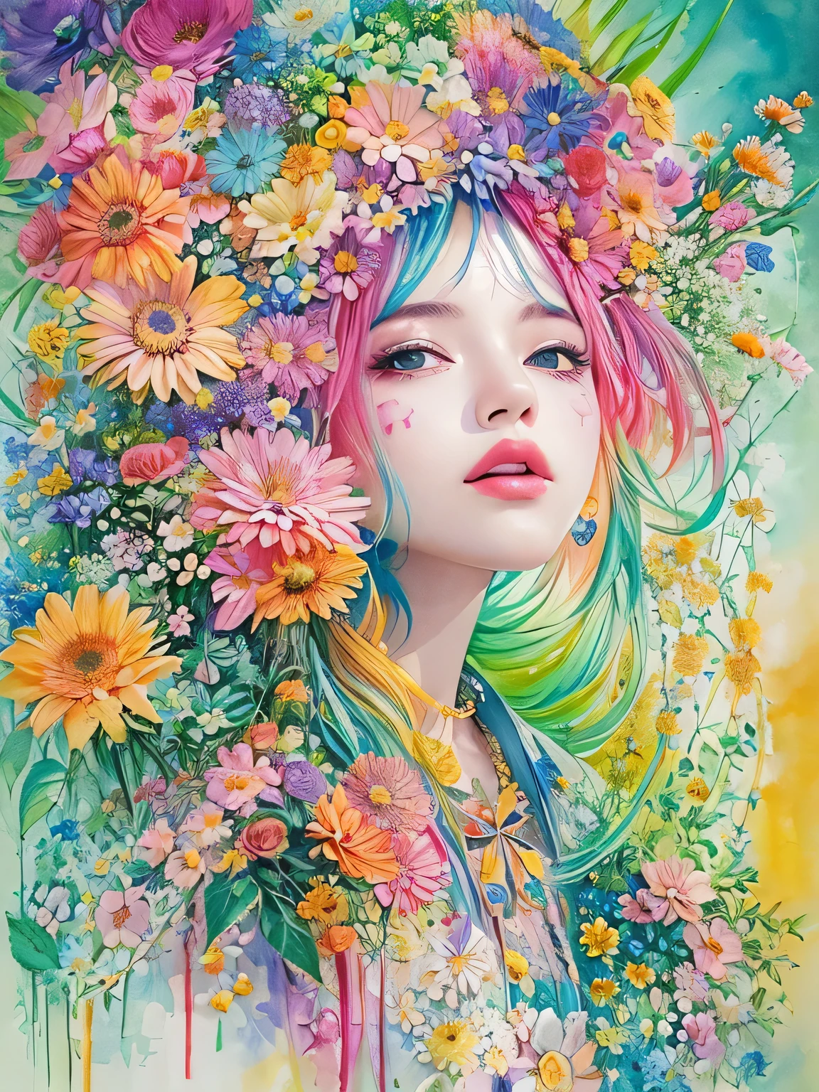 Masayo Style、(((stylish fashion))), 8K Quality、Intense watercolor, Detailed watercolor art, Watercolor splash, Surreal, avant-garde pop art, Beautiful and expressive paintings, Beautiful artwork illustration, Very colorful tones, wonderful, Cool beauty, highest quality、Official Art, Vector art, Stylish design, (((The most beautiful girl))), (((highest quality))), HDR, ((detailed)), (((Doodle Art)), ((masterpiece)), ((Super detailed)),  (((Stylish))), (((colorful flowers)))