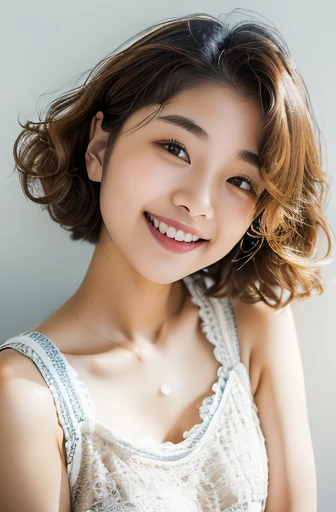 (Very cute 20 year old young woman from Japan), ((delicate hair between brown and blonde)), ((messy side wave short hair)),medium bust size、small tits、 (((Clean hands))),(Curly hair),(((Very sweet smile))), (((she is wearing navy blue and white lace panties))),(((Wearing a beige knit one-piece dress, But that is'turned over by her hand.))),(((She is wearing a beige knit one-piece dress。))) ((of the highest quality, 16 K, masutepiece: 1.3)), Light on Face, hyperdetailed face, very detailed lips, Detailed eyes, City Street,Angle from below:1.5,