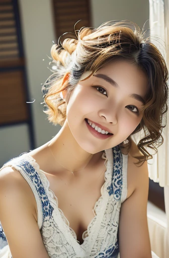 (Very cute 20 year old young woman from Japan), ((delicate hair between brown and blonde)), ((messy side wave short hair)),medium bust size､small tits､ (((Clean hands)))，(Curly hair)，(((Very sweet smile))), (((she is wearing navy blue and white lace panties)))，(((Wearing a beige knit one-piece dress, But that is&#39;turned over by her hand.)))，(((She is wearing a beige knit one-piece dress。))) ((of the highest quality, 16 K, masutepiece: 1.3)), Light on Face, hyperdetailed face, very detailed lips, Detailed eyes, City Street，Angle from below:1.5，
