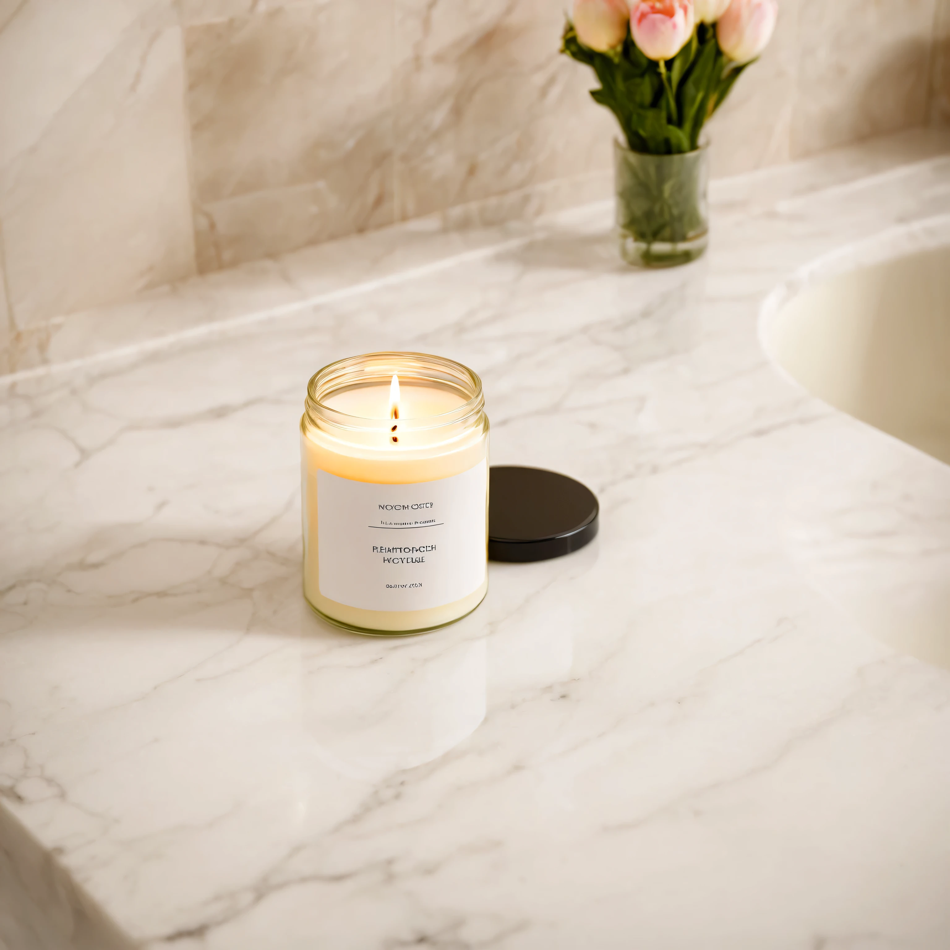 Mockup empty, a blank small candle in a jar with white label and black lid, on a cream marble countertop, in the luxurious bathroom in defocused background, flower petals lying around, high end and classy style, shot on 50mm lens, sony a7s camera, shallow depth of field, professional photography