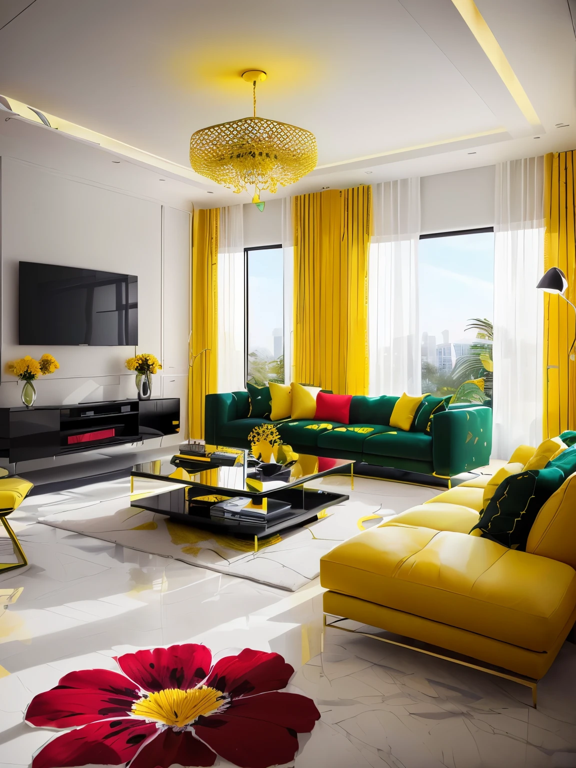 a brightly colored living room with a large flower rug and a television, yellow and green scheme, bright modern style, yellow and black color scheme, yellow color scheme, vibrant accents, yellow and red color scheme, colorful modern, black and yellow color scheme, red and yellow color scheme, modern living room, yellow and olive color scheme, bright yellow color scheme