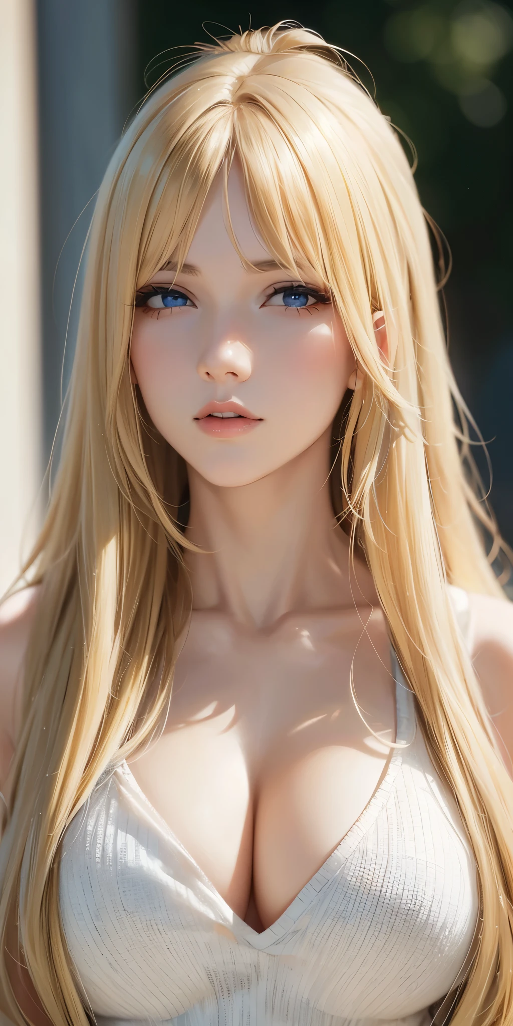 Portrait, Upper body, adult woman, long neck, blonde hair, long hair, bangs, blue eyes, casual clothes, cleavage, 4k resolution, high quality, soft light, looking at viewer