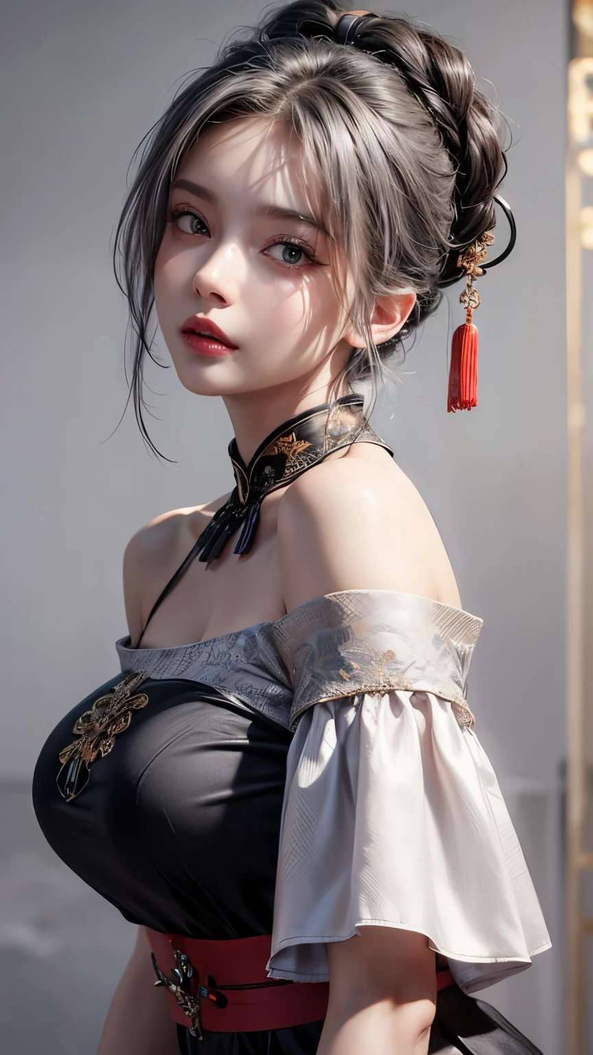 best quality, masterpiece, ultra high res, (photorealistic:1.4), 1girl, off-shoulder shirt, ((traditional chinese dress:1)), black choker, (faded ash gray hair:1), (huge breasts:1.2), looking at viewer, close up, from below:1.3,
