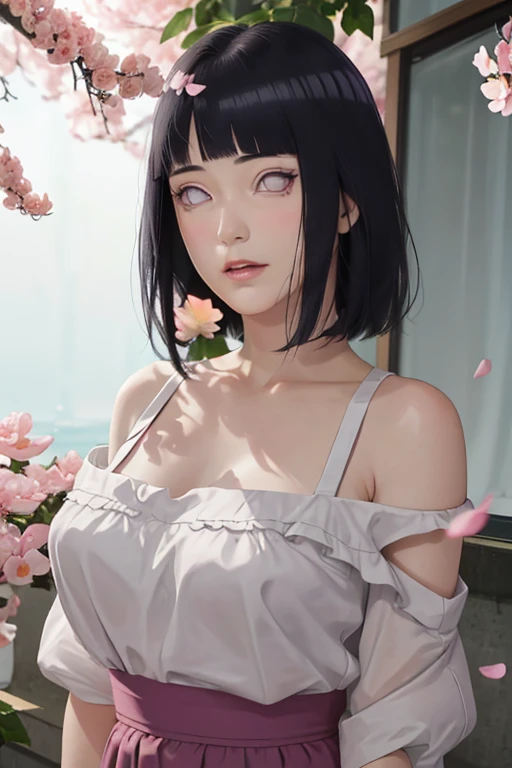 masterpiece, absurdres, hinata\(boruto\), 1girl, solo,mature female, off-shoulder strap bra, high waist short skirt, looking at viewer, (falling petals), perfect composition, detailed lips, big breast, beautiful face, body propotion, blush, (pink lips), long hair,  purple eyes,  soft gaze,  super realistic, detailed, photoshoot, realistic face and body,