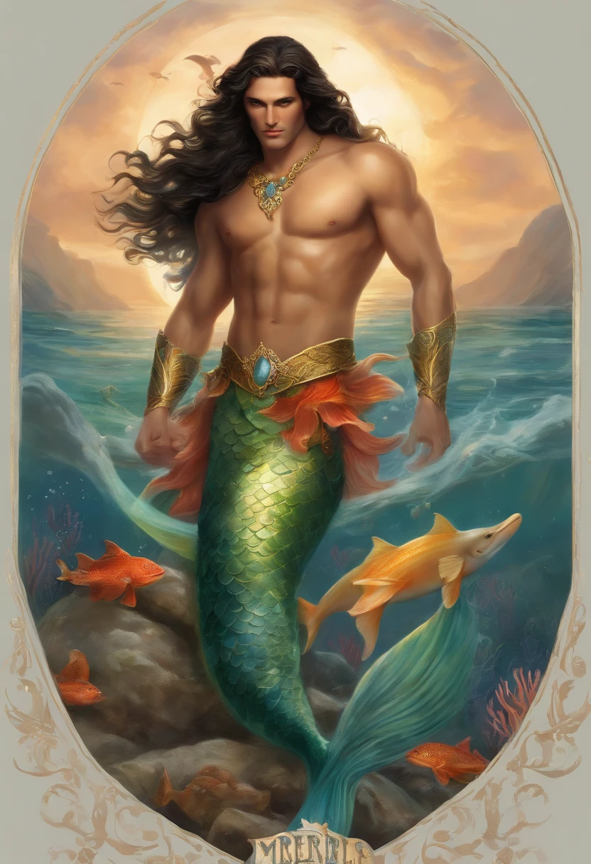 a male merman smiling, ((male merman)) full body naked, with various positions, ((various positions)), ((sexy male torso and big, perfect mermaid tail, wonderful and colorful)), ((Painting of a Merman with long, black, curly hair)), ((wide chest)), ((A coral reef at the bottom, fish and dolphins)) ((merman male)), God of the Ocean, God of the Sea, God of Sea, God of the Ocean, Lúthien, art of the god, God of Greek mythology, God of the Moon, God of love and peace, (( ((Beautiful, hot, sensual, seductive God)), A stunning portrait portrait of a god , ((warm and vivid colors)), ((vibrant colors)), Frank Kelly Freas, styled by Karol Bak, ((beautiful face)), Extremely Detailed, 32k, Ultra definition best quality, vibrant and vibrant colors, sensual, enchanted, Perfect face in high definition, ((beautiful merman, sensual merman, handsome merman