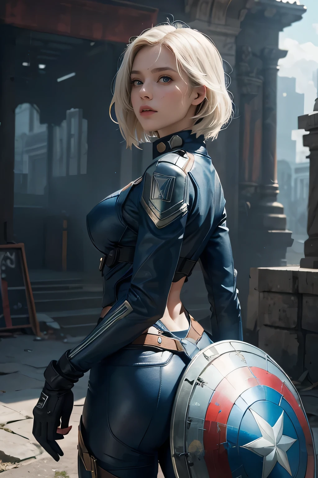 (1girl:1.3), solo, __body-parts__, official art, unified wallpaper 8k, super detailed, beautiful and aesthetic, beautiful, masterpiece, best quality, raw, masterpiece, super beautiful photo, best quality, super high resolution, photorealistic realism, sunlight, full-length portrait, amazing beauty, dynamic pose, delicate face, bright eyes, white hair ((rear view)), she wears a futuristic Captain America costume, blue color scheme, (hand a shield), Capital A on the chest, very detailed abandoned ancient temple background, detailed face, detailed complex busy background, dirty, gorgeous, milky white, very detailed skin, realistic skin details, visible pores, sharp focus, volumetric mist, 8k uhd, SLR camera, high quality, film grain, light leather, photorealism, lomography, huge metropolis in a future dystopia, bottom view, translucent
