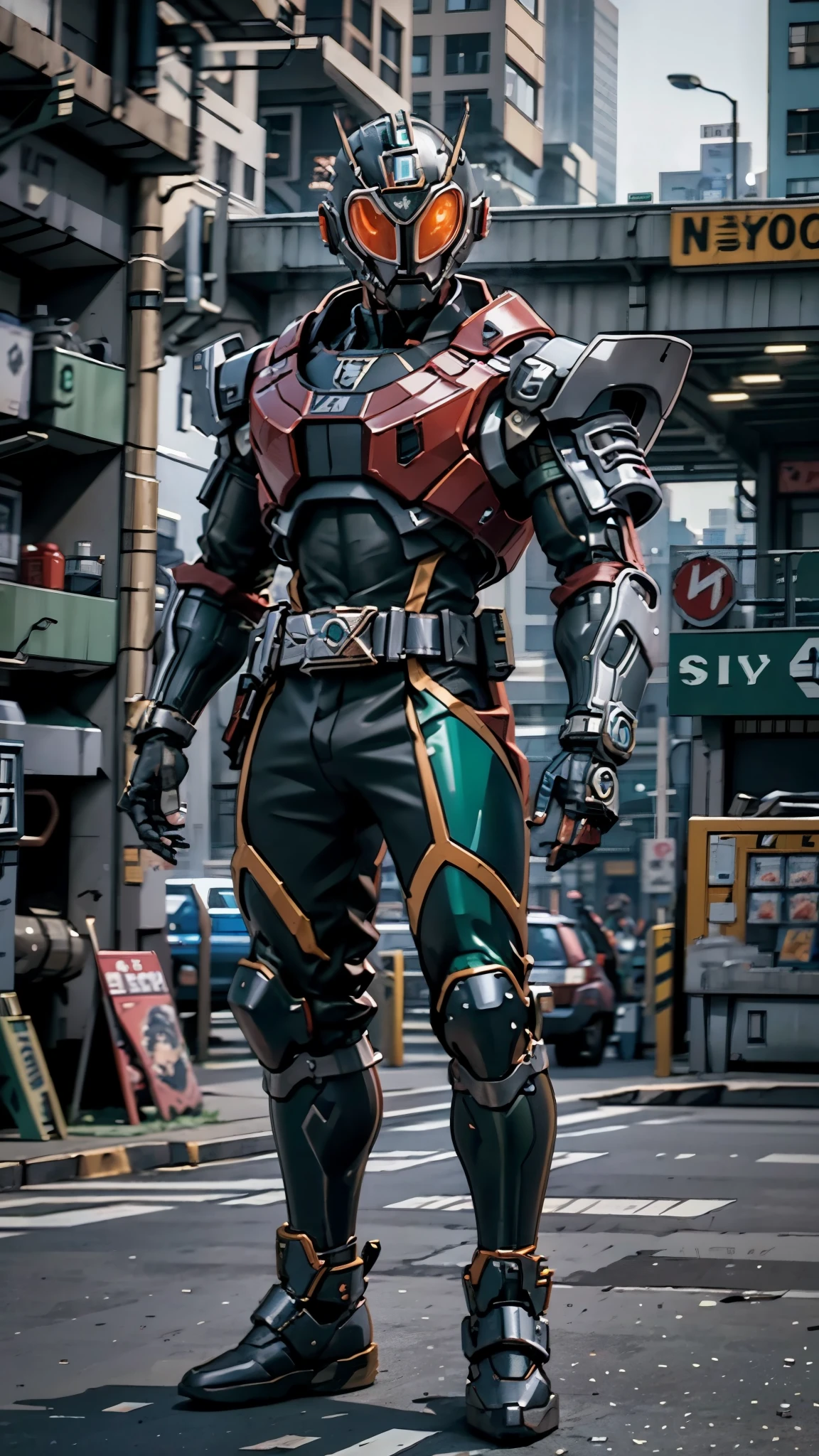 A man wearing a full-face helmet, a fantasy-style biotech armored combat suit, green eyes, (a composite layered chest armor), fully enclosed shoulder guards, matching arm and leg guards, the belt is adorned with exhaust pipes, (the color scheme is primarily black glow with green and red accents), the design balances heavy with agility, a high-tech bio-mecha armor, (Armor Concept Inspired by Cyberpunk motorcycle, stand on the top of a skyscraper in a futuristic sci-fi city), this character embodies a finely crafted fantasy-surreal style armored hero in anime style, exquisite and mature manga art style, (battle damage, element, plasma, energy, the armor glows), ((male:1.5)), metallic, real texture material, dramatic, high definition, best quality, highres, ultra-detailed, ultra-fine painting, extremely delicate, professional, perfect body proportions, golden ratio, anatomically correct, symmetrical face, extremely detailed eyes and face, high quality eyes, creativity, RAW photo, UHD, 32k, Natural light, cinematic lighting, masterpiece-anatomy-perfect, masterpiece:1.5