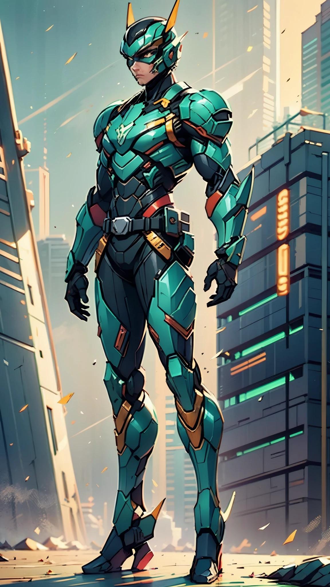 A man wearing a full-face helmet, a fantasy-style biotech armored combat suit, green eyes, (a composite layered chest armor), fully enclosed shoulder guards, matching arm and leg guards, the belt is adorned with exhaust pipes, (the color scheme is primarily black glow with green and red accents), the design balances heavy with agility, a high-tech bio-mecha armor, (Armor Concept Inspired by Cyberpunk motorcycle, stand on the top of a skyscraper in a futuristic sci-fi city), this character embodies a finely crafted fantasy-surreal style armored hero in anime style, exquisite and mature manga art style, (battle damage, element, plasma, energy, the armor glows), ((male:1.5)), metallic, real texture material, dramatic, high definition, best quality, highres, ultra-detailed, ultra-fine painting, extremely delicate, professional, perfect body proportions, golden ratio, anatomically correct, symmetrical face, extremely detailed eyes and face, high quality eyes, creativity, RAW photo, UHD, 32k, Natural light, cinematic lighting, masterpiece-anatomy-perfect, masterpiece:1.5