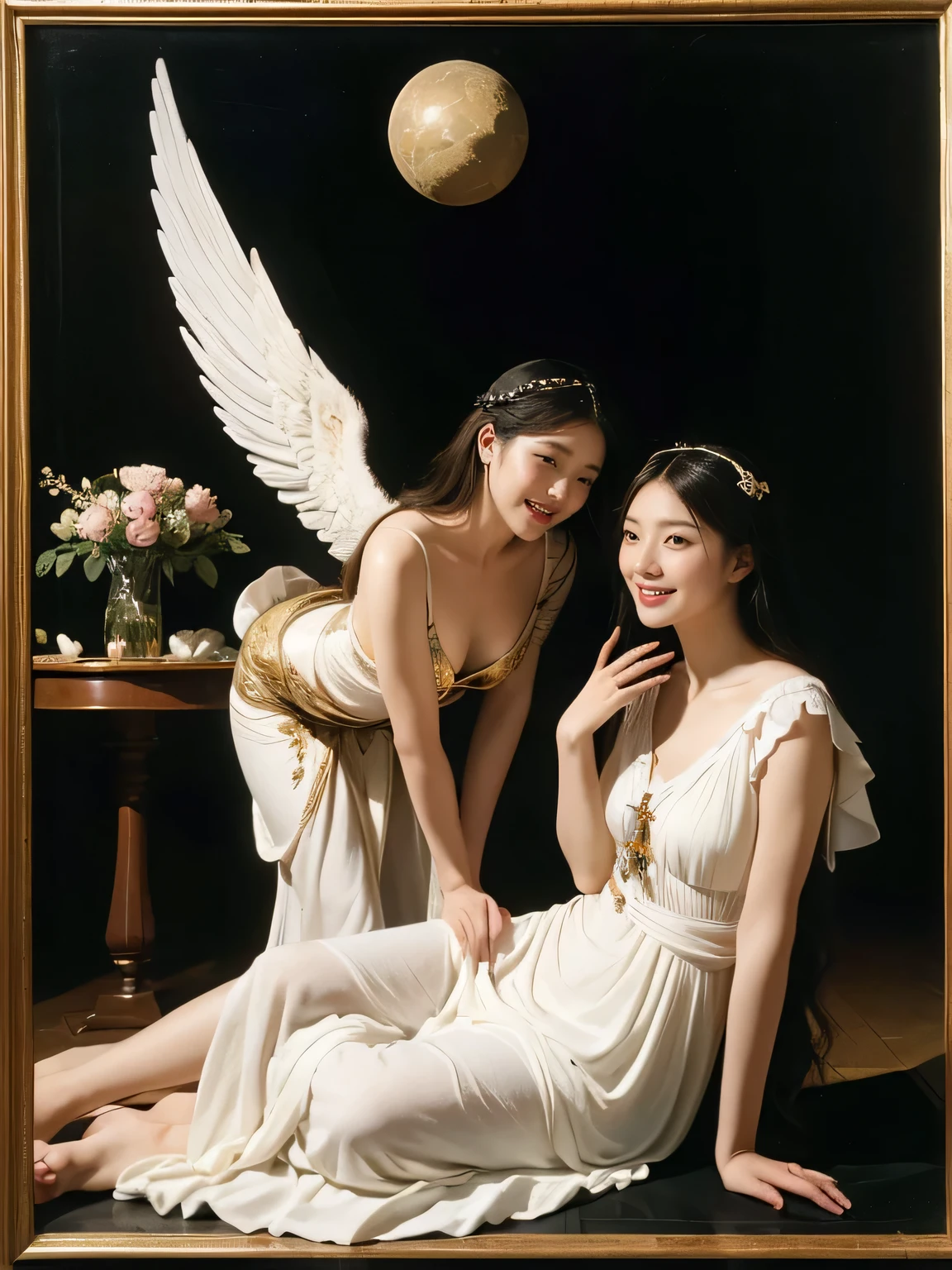 Female angel with two white wing,full body portrait or statue、Sandro Botticelli painting style,Arguments of two female Philosophe,math、astronomical machine、astronaut、roses in vase、fruits、Cute trinkets、smile、ancient greek costume、Ancient Roman landscape in the style of Nicolas Poussin,laughter,,Sweet and seductive appearance.、Caravaggio's paintings、Chiaroscuro of Caravaggio、hair tousled by the wind,Two women frolicking,cute smile, expression of ecstasy,Sexy,erotic