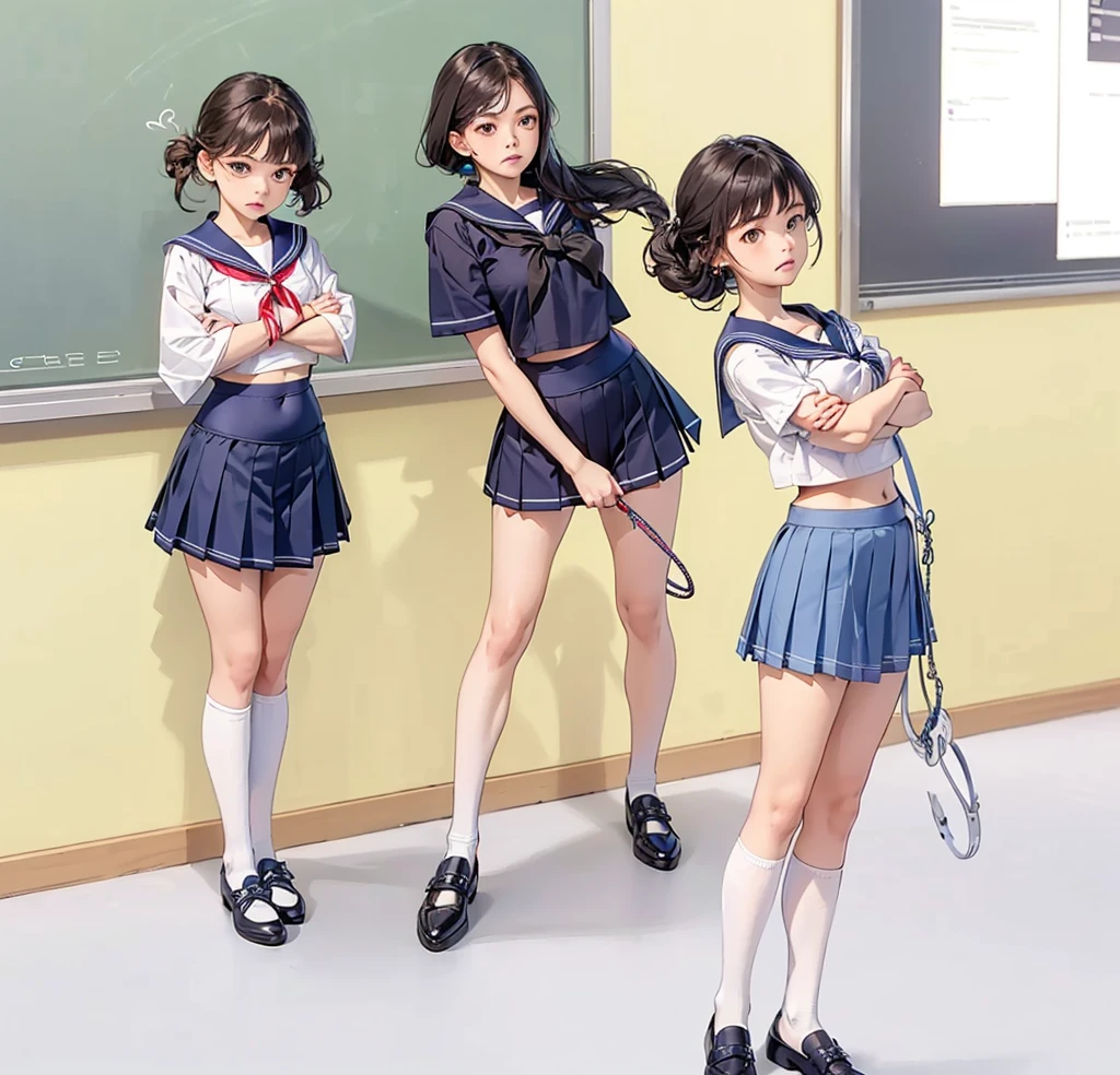 Woman in classroom, ((((white crop top sailor suit)))), blue student skirts, open navel, open belly, (show abdomen area), ((((arms crossed over chest)))), crying , (((teacher standing behind holding a whip))))