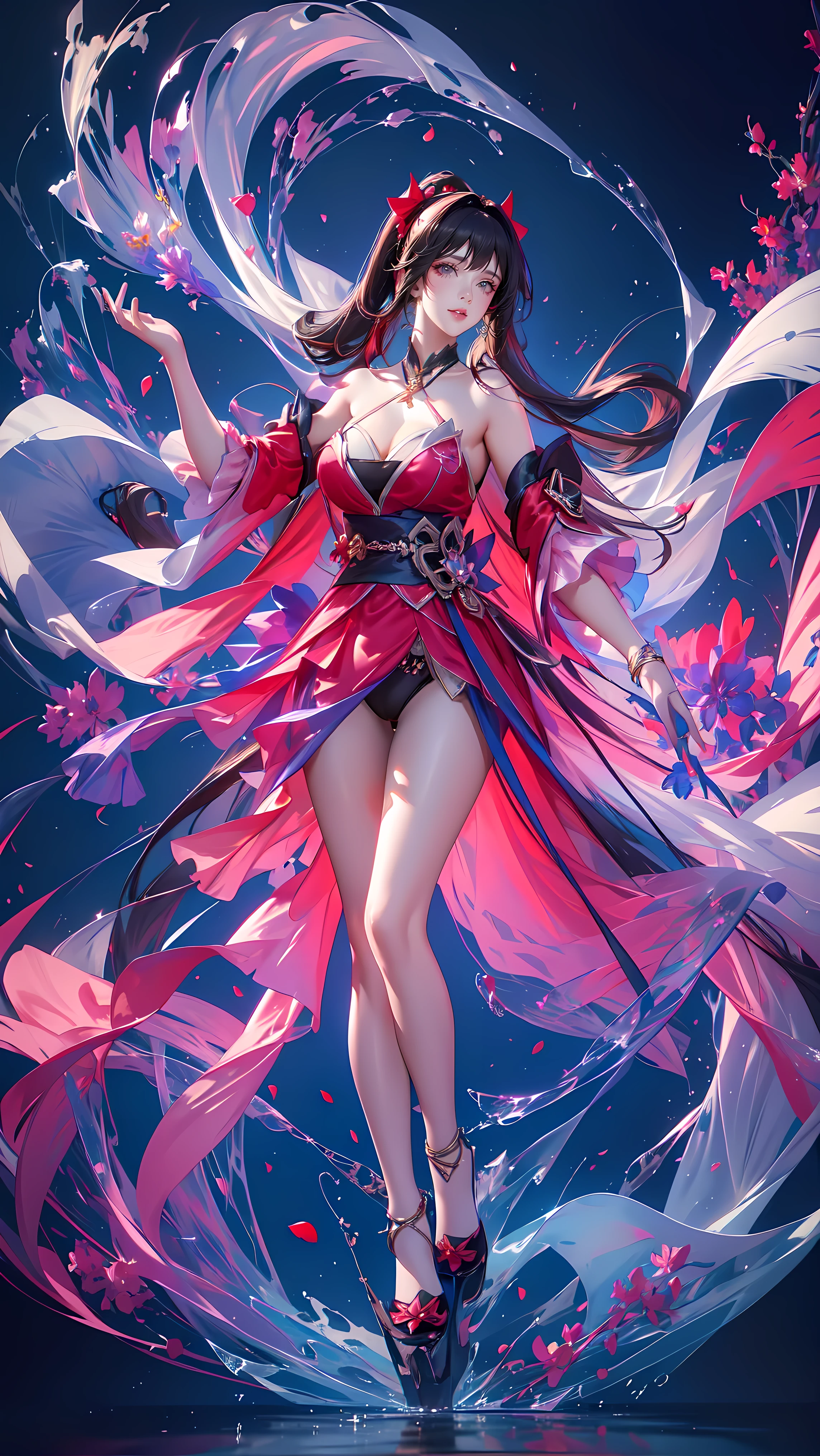(((FULL BODY POSE))) (((SHOW PANTIES))) (((BIG GIANT BOOBS))) (((BRUNETTE HAIR WITH TWO PONY TAIL))) ((GOOD FINGER, ANATOMY CORRECTED)) (((RED LUXURY ARISTOCRATIC NOBLE COSTUME WITH FOX BROCHS))) | A WOMEN WEAR ((SEXY OUTFIT)) FLOATING IN THE WATER ((BLUE SKY BACKGROUND)) ((FLOWER PETALS FAILING BACKGROUND IS A BLUE SKY)))) HORIZON PLANET FULL OF (((STARS))) | big eyes, ((big boobs)) sexy pose, big thigh, full body, large breasts, open legs, show panties, smile, portrait knights of zodiac, extremely detailed ((pixiv arts)), high detailed official artwork, [ tarot card ]!!!!!, detailed key anime art, knights of zodiac anime, beautiful celestial mage, firefly from honkai star rails, full body | (dynamic angle:1.1), outline, ((thick line art)), cover, stylish, official art, (details:1.2), (fantasy), garden, (bloom:1.1), glow:0.2, shadow, nature, flower, splash water, crystal, snowflakes, particles, bokeh, anamorphic light (depth of field), sharp focus, (volumetric lighting), (bokeh:0.6), film grain:0.4, (soft lighting:1.1) (VIGNETTE:1) | high-quality, ultra-detailed illustrations, ultra-high resolution, (high resolution, overwhelmingly pixel-perfect, luxurious illustration), (Ultra Quality, Masterpiece, Ethereal:1.4) photorealistic:.1.4, UHD (8k, RAW photo, best quality, masterpiece:1.2)