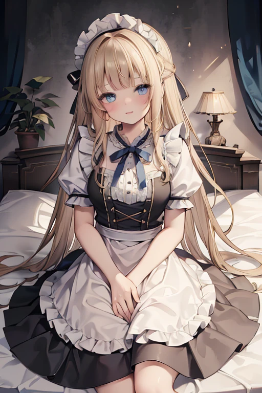 (8k, highest quality, Tabletop:1.2)、Ultra-high resolution, One ****************, Perfect Fingers, Detailed face, blue eyes, Blonde, Straight Hair, Long Hair, Black maid outfit,  Inside the castle, Bedroom、Making the bed