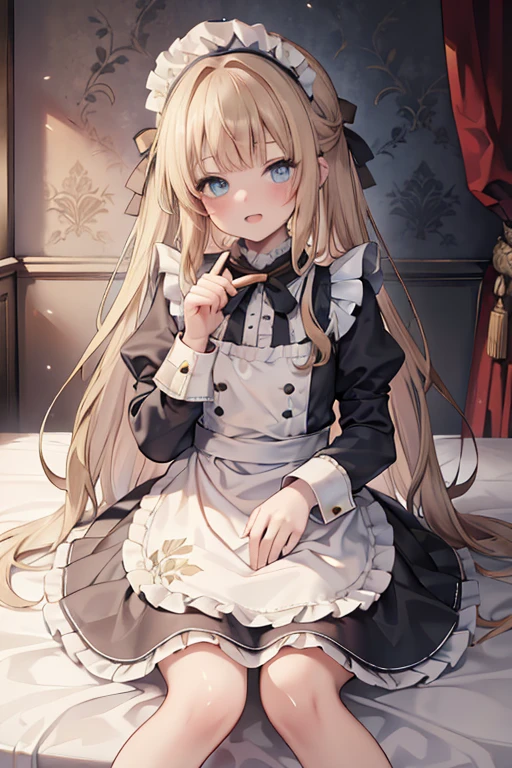 (8k, highest quality, Tabletop:1.2)、Ultra-high resolution, One ****************, Perfect Fingers, Detailed face, blue eyes, Blonde, Straight Hair, Long Hair, Black maid outfit,  Inside the castle, Bedroom、Making the bed