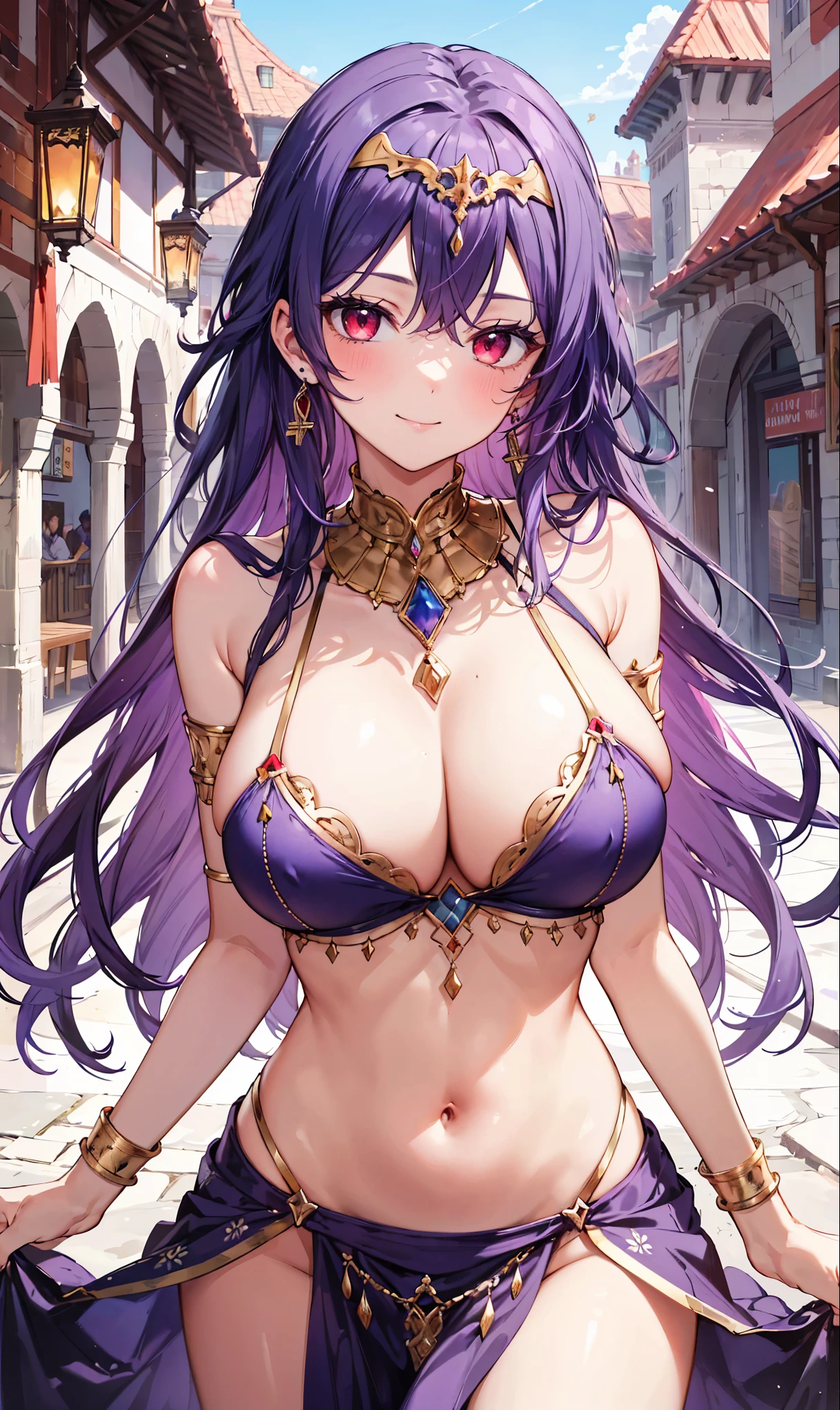 high quality, ultra detailed, best quality, insanely detailed, beautiful, masterpiece, 1girl, medieval plaza, cowboy shot, red eyes, long hair, purple hair, belly dancer, circlet, earrings, armlets, bracelets, bashful smile, large breasts, cleavage, soft stomach