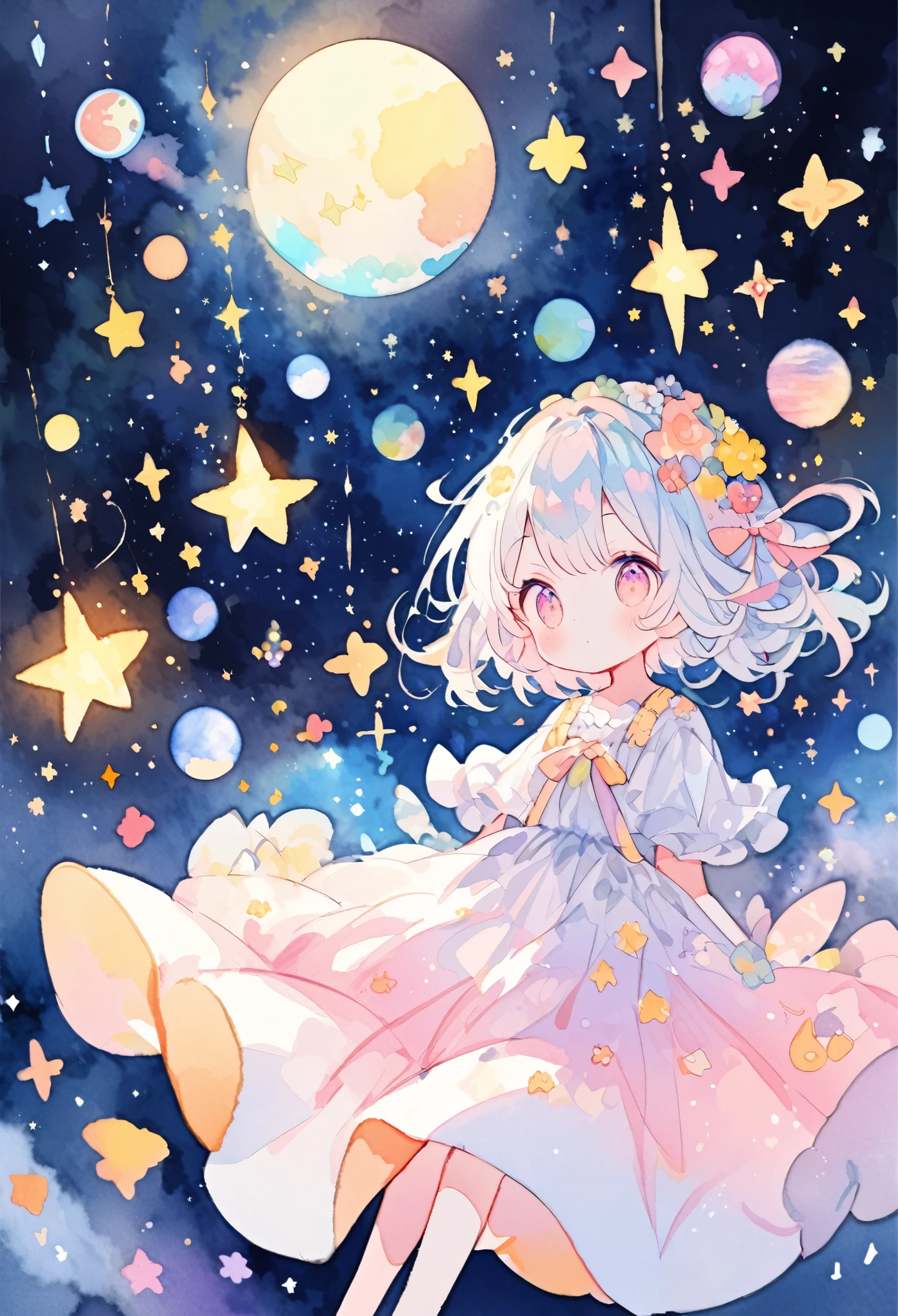 Earth from Space, Moon and sun, Shining Star々, ((Stars Shining in the Darkness, Girl in a dress:1.2, pastel colour)), Watercolor:1.2, Whimsical and delicate, Like an illustration in a children's book, Gentle brushwork, Dim, The pale colors create a fantastical look, Drawing on a vast scale, Fancy Art.