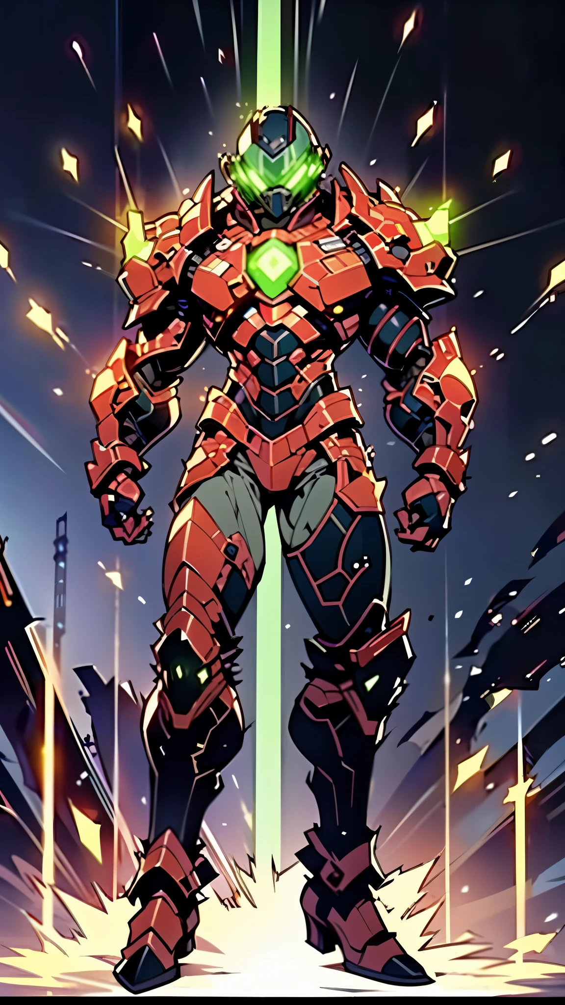 A man wearing a full-face helmet, a fantasy-style biotech armored combat suit, green eyes, (a composite layered chest armor), fully enclosed shoulder guards, matching arm and leg guards, the belt is adorned with exhaust pipes, (the color scheme is primarily black glow with green and red accents), the design balances heavy with agility, a high-tech bio-mecha armor, (Armor Concept Inspired by Cyberpunk motorcycle, stand on the top of a skyscraper in a futuristic sci-fi city), this character embodies a finely crafted fantasy-surreal style armored hero in anime style, exquisite and mature manga art style, (battle damage, element, plasma, energy, the armor glows), ((male:1.5)), metallic, real texture material, dramatic, high definition, best quality, highres, ultra-detailed, ultra-fine painting, extremely delicate, professional, perfect body proportions, golden ratio, anatomically correct, symmetrical face, extremely detailed eyes and face, high quality eyes, creativity, RAW photo, UHD, 32k, Natural light, cinematic lighting, masterpiece-anatomy-perfect, masterpiece:1.5